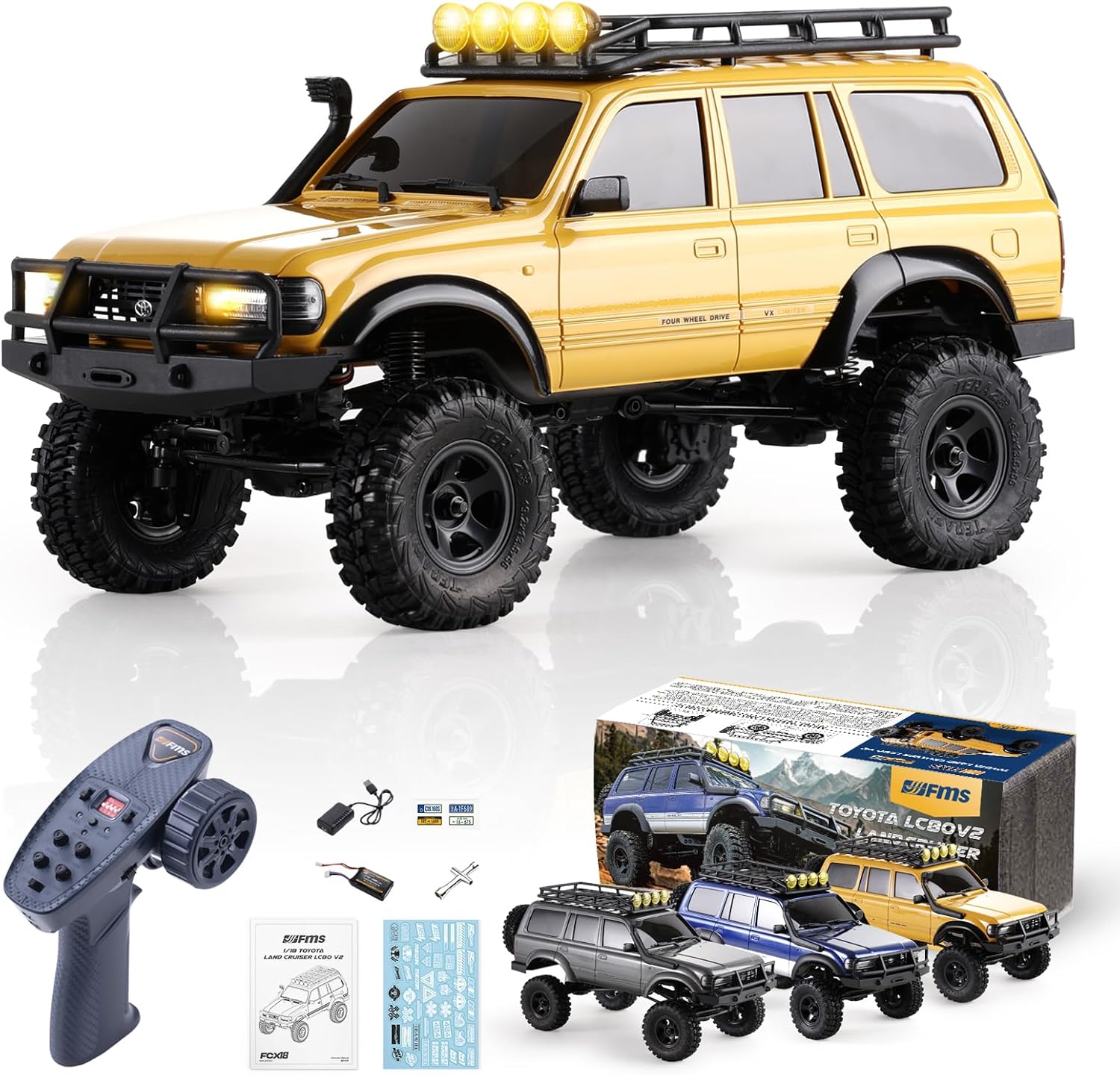 BEEZRC FMS RC Crawler 1/18 FCX18 Land Cruiser LC80 RTR Toyota Licensed 4WD RC Rock Truck 2.4Ghz 900mAh Hobby Grade RC Car Model Mini Remote Control Car Off Road Vehicle FMS11831RTRYL (Yellow)