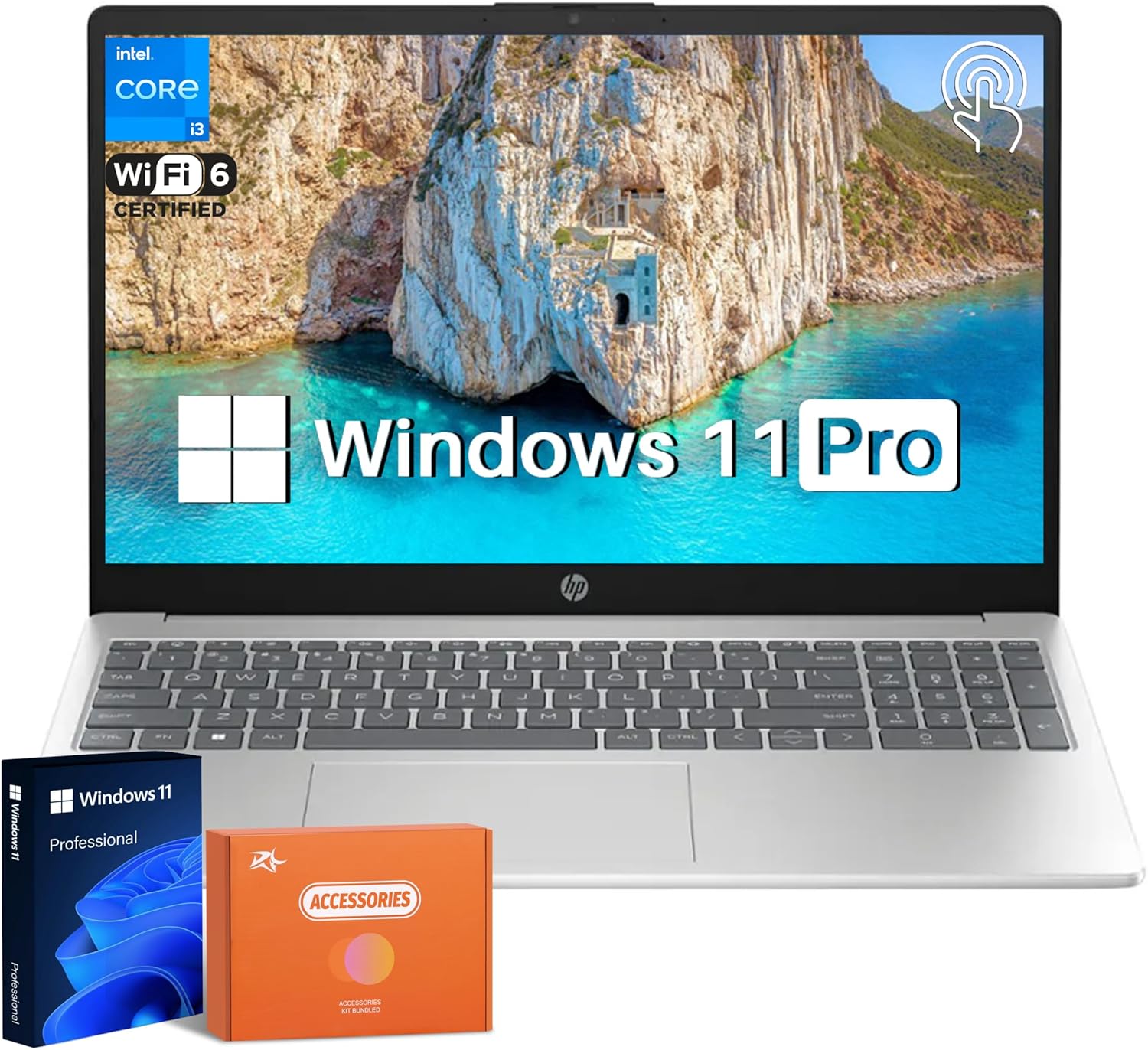 HP 15.6 Touchscreen Business Laptop, Intel i3 1215U(Up to 4.4 GHz), 15.6 LED 250 Nits Display, 32GB RAM, 2TB SSD, Long Battery Life, Wi-Fi 6E, Windows 11 Pro, Natural Silver, Accessories