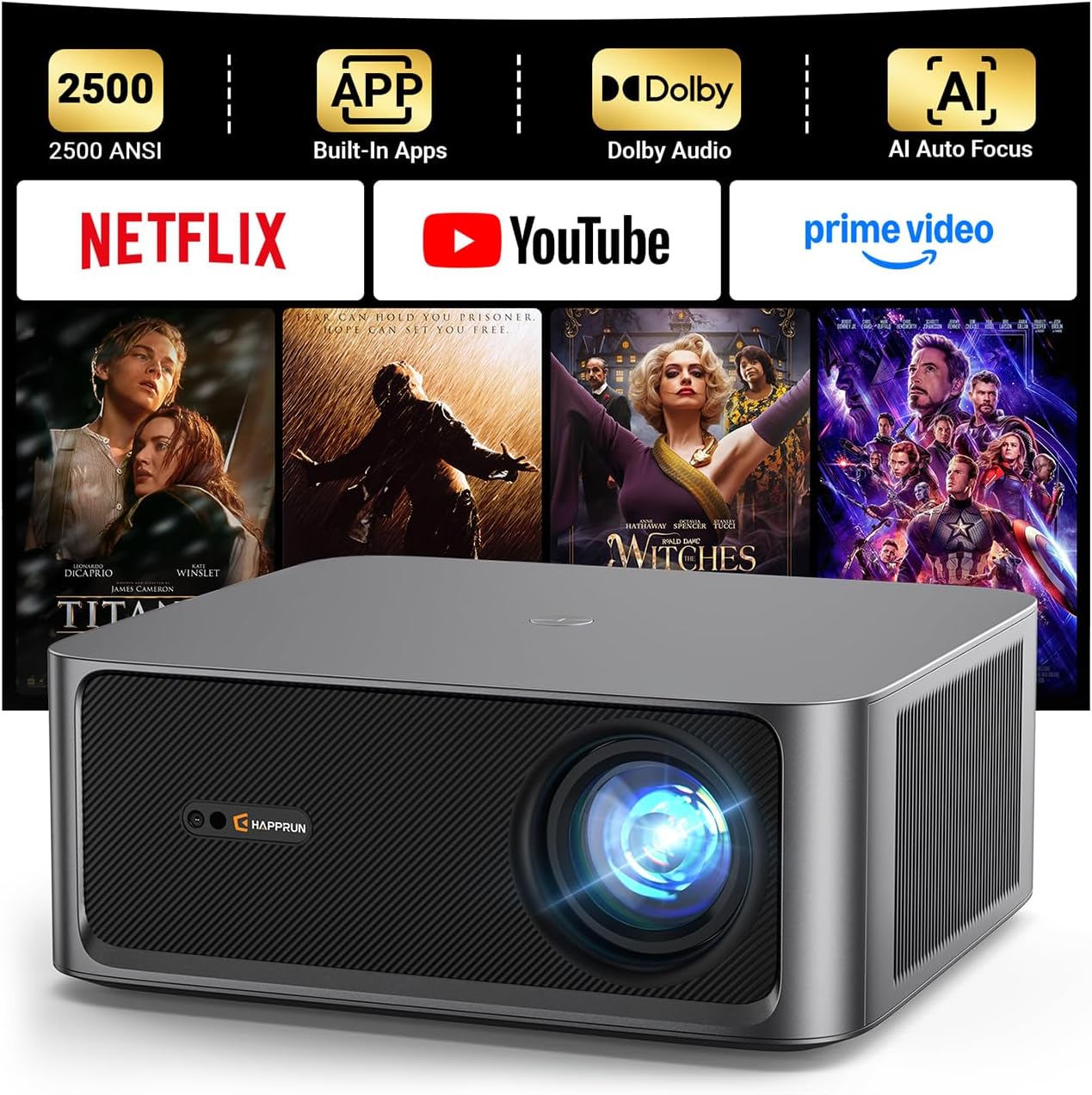 HAPPRUN 2500 ANSI Lumens Outdoor Projector with Built-in Streaming Apps