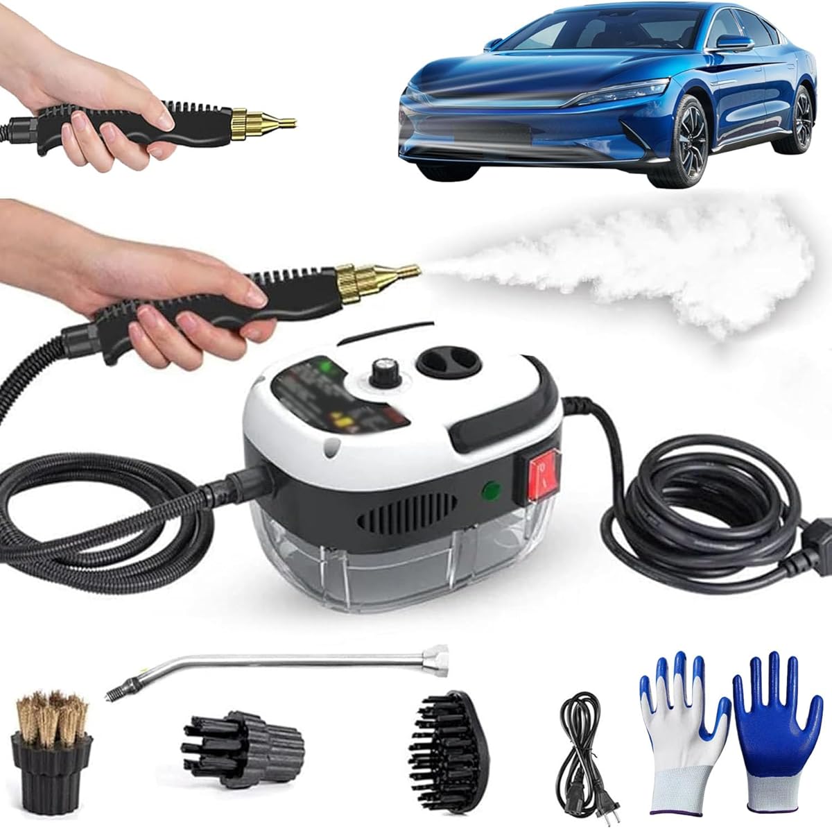 3 Level Adjustable Pressurized Handheld Steam Cleaner for Home, 10s Heat-Up Handheld Steamer for Clean, Steam Cleaner 2500w, Household Steam Cleaner Handheld with Hose Heavy Duty, For Home Car (White)