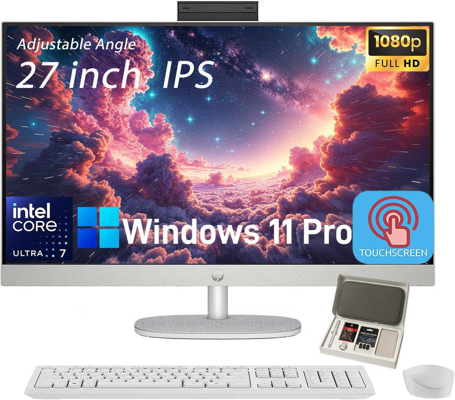 HP 27 Touch Screen All-in-One Desktop Computer PC, 32GB DDR5 RAM, 1TB SSD, Intel 12 Core Ultra 7 155U, FHD IPS Touchscreen, Wireless KB&Mouse, Win 11 Pro, 1080p Camera, w/Accessories