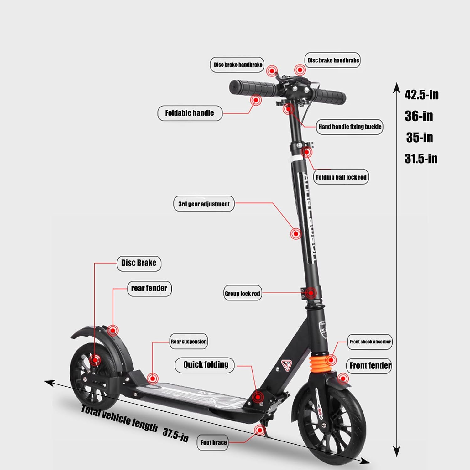 Adult Kick Scooter with Brakes, Aluminum Alloy Scooter for Teens & Adults, with Foot Support Frame, Shock AbsorptionDesign, Third Gear Adjustment, Big Wheels Foldable Scooter for Indoor & Outdoor