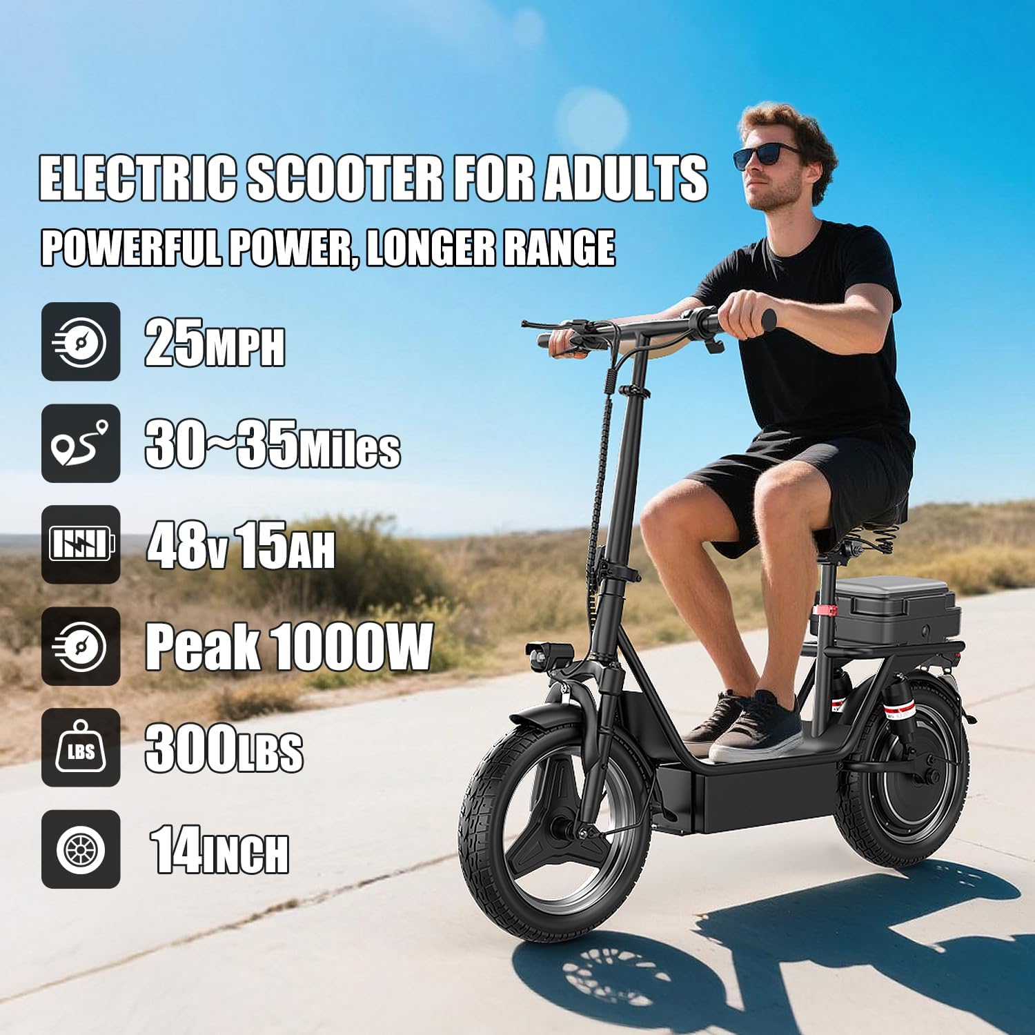 Electric Scooter for Adults, 1000W Peak Motor, Up to 25 MPH 30 Miles, Electric Scooter with Seat, Multiple Suspension, Bright Lights, Provides Comfortable and Safe Ride, 14