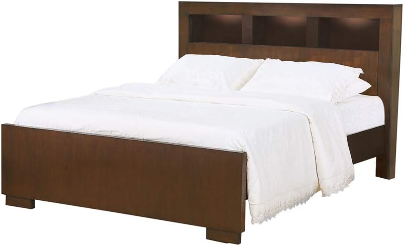 Benjara 3 Open Bookcase California King Size Bed with Soft Light, Brown