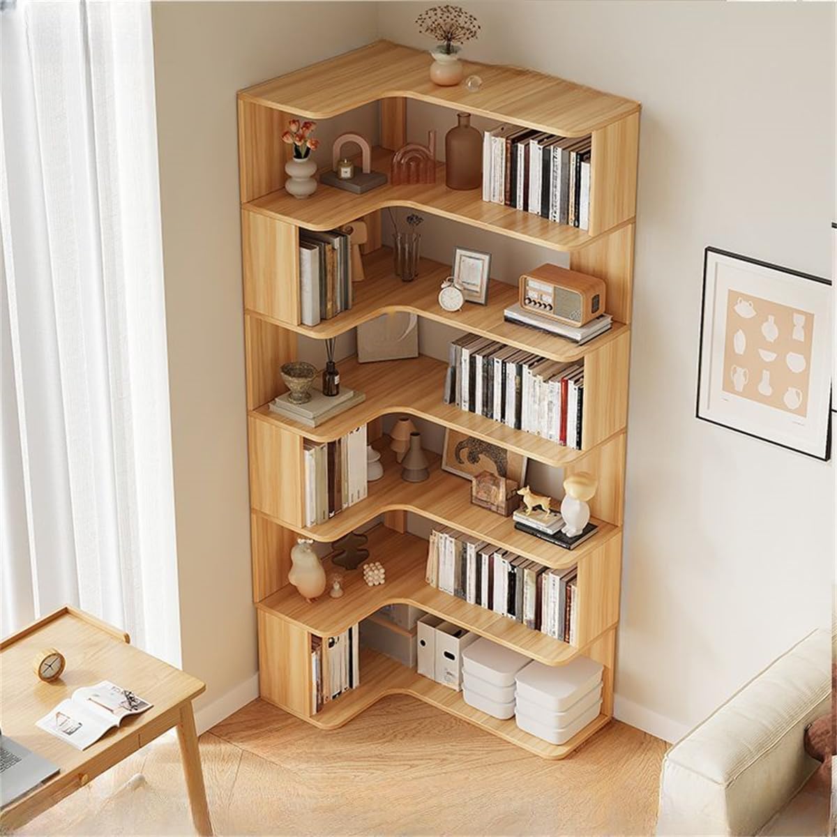 KWOKING Vertical L-Shape Storage with Open Back 6 Shelves Corner Bookshelf Wood Floor Rack Student Integrated Wall Bookcase Corner Cabinet Multi-layer Storage Cabinet Light Walnut 24