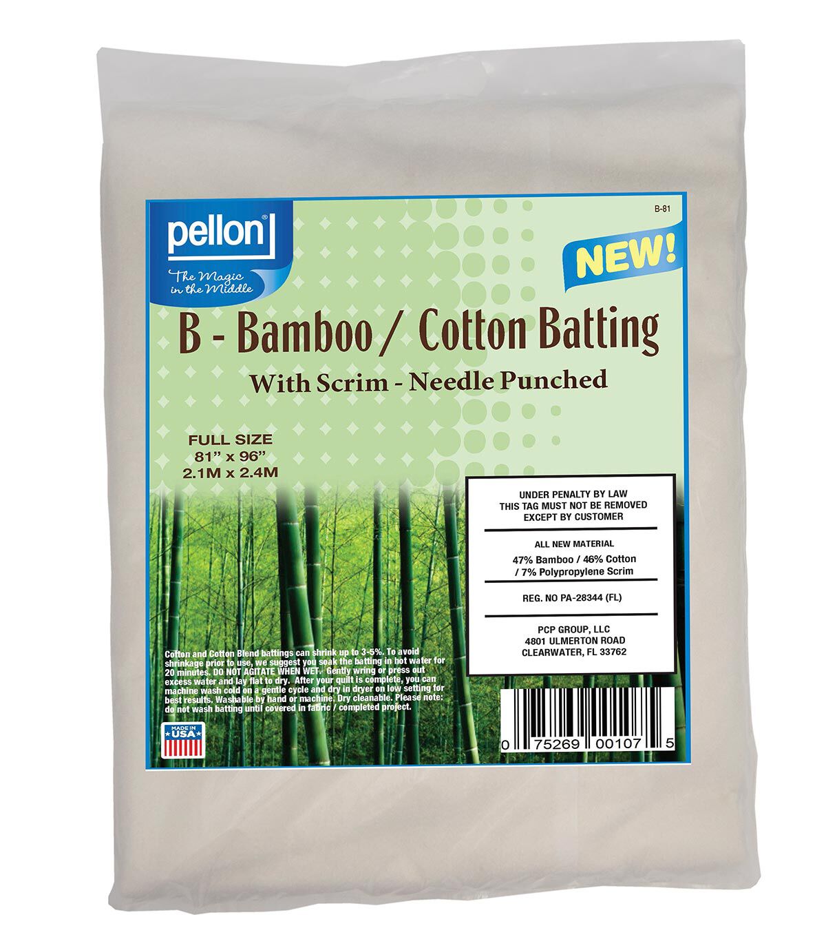 Pellon Bamboo/Cotton Batting With Scrim 81 x 96