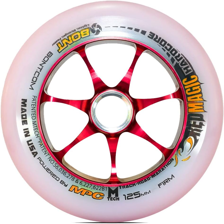 Bont Skates 125mm Red Magic Hardcore 2.0 - Professional Inline Speed Skate Wheel with Aluminium Hub - Set of 6 (X-Firm)