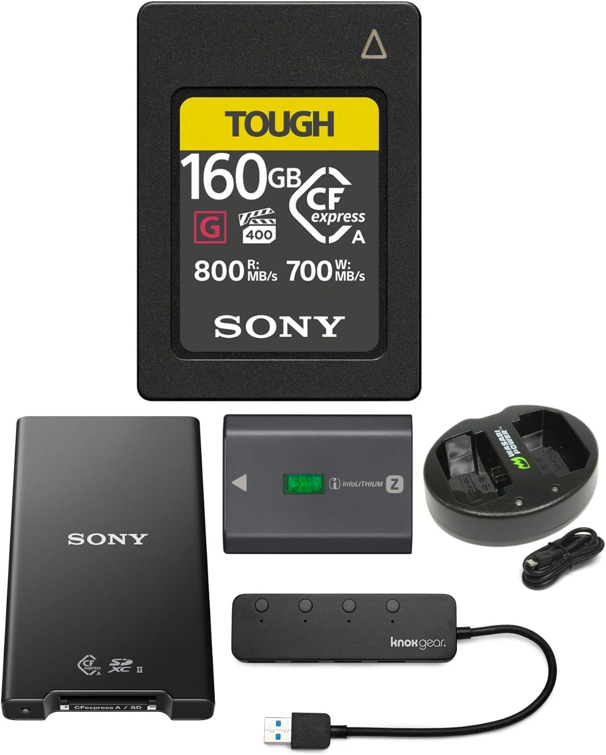 Sony CFexpress Type A 160GB Memory Card Bundle with MRWG2 CFexpress Type A/SD Memory Card Reader, Z-Series NP-FZ100, Power Battery Charger, and 4 Port USB 3.0 Hub (5 Items) (5 Items)