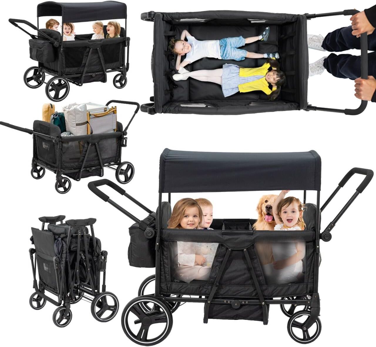 Luxury 4 Seater Wagon Stroller All-Terrain Baby Tandem for 2 3 4 Kids –Push&Pull Foldable Wagon with 5-Point Harness,Adjustable Canopy,Snack Tray for Toddlers’ Beach,Park & Outdoor Adventures