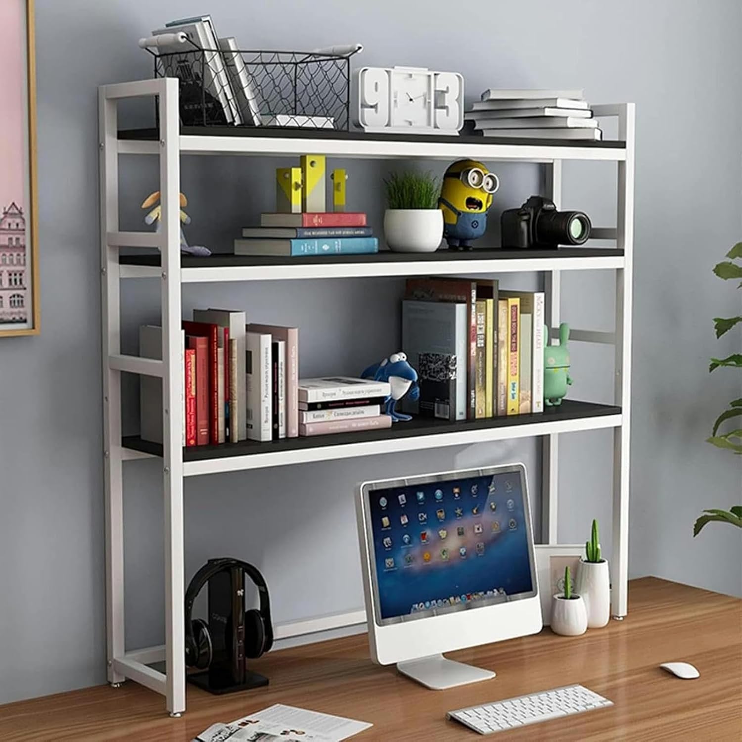 3 Tier Desktop Bookshelf For Computer Desk - Adjustable Desk Bookshelf, Solid Wood Computer Desk Bookcase, Desk Storage Shelf, Desk Organizer, Free Standing Desktop Shelves, For Dorm Office ( Color :