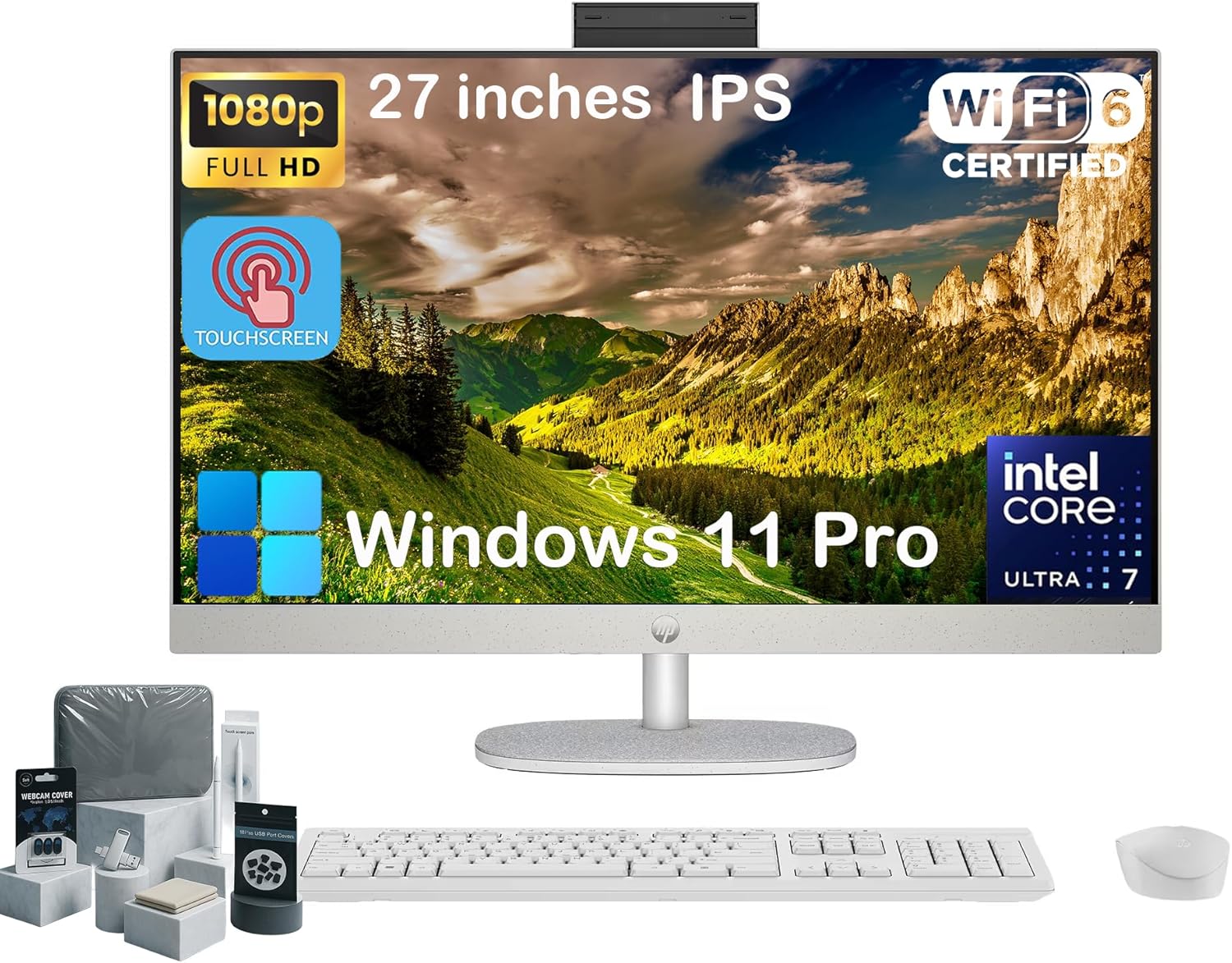 HP 27 Touch Screen All-in-One Desktop Computer PC Adjustable Angle, 64GB DDR5 RAM, 4TB SSD, Intel 12 Core Ultra 7 155U, FHD IPS Touchscreen, Wireless KB&Mouse, Win 11 Pro, 1080p Camera, Accessories