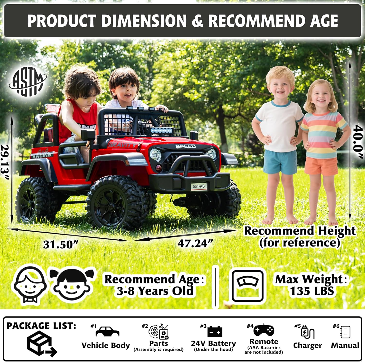 sopbost 24V Ride On Toy with Remote Control, 2 Seater Ride On Car for Kids, 4x4 Kids Electric Vehicle Car, Ride On Truck with EVA Tires Wheels, Bluetooth (Red)