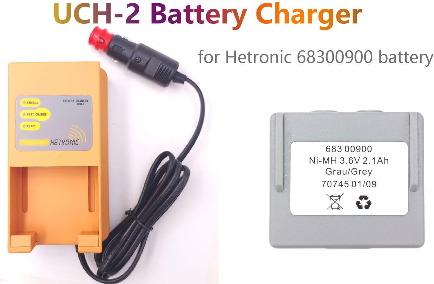 (2Pcs Battery with Charger) UCH-2 Battery Charger UCH2 Input 10-30VDC Out 300/780mA with 3.6 Volt Hetronic 683 00900 Battery, Hetronic 68300900 Battery with Charger (Car Charger Plug)
