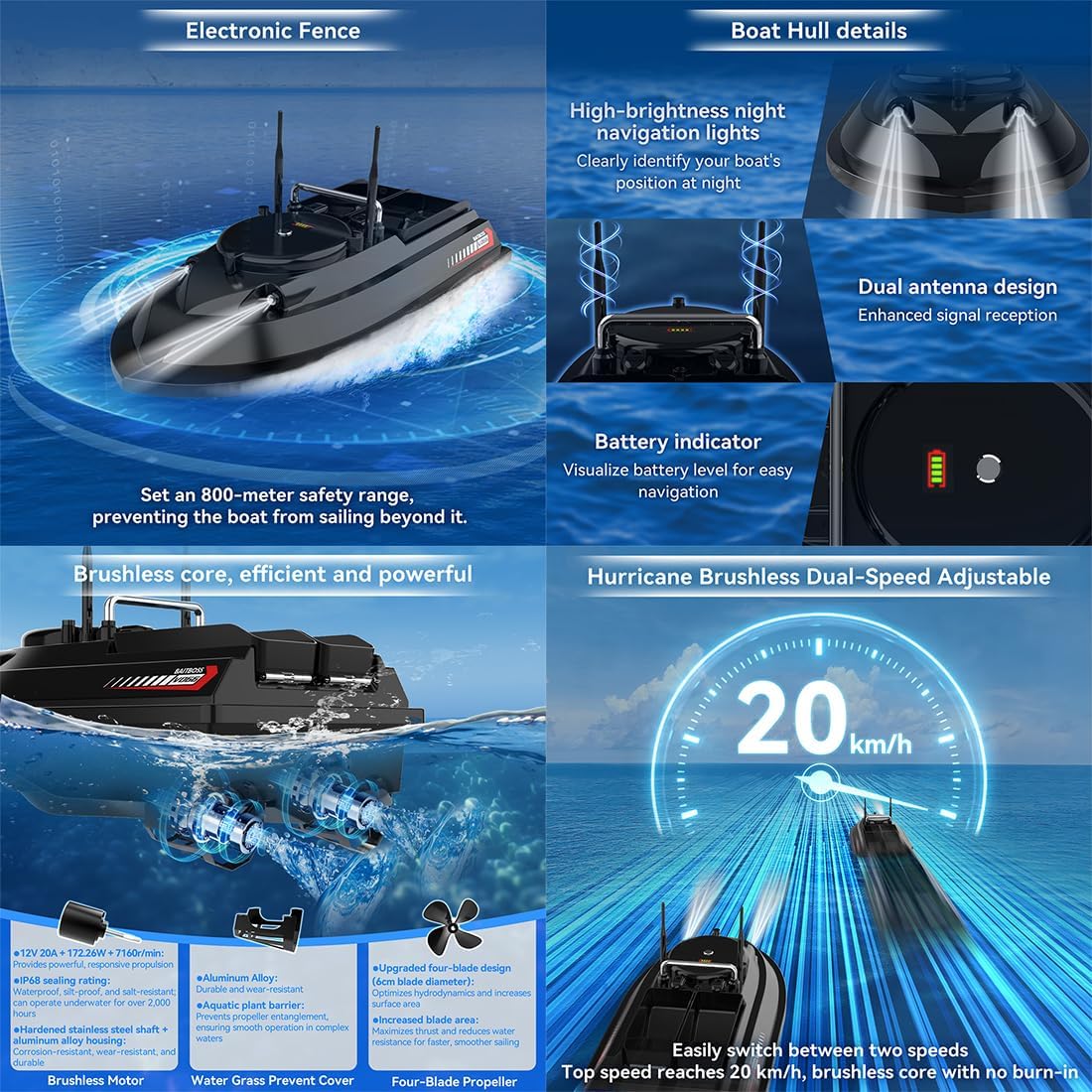 V066 Smart GPS RC Fishing Bait Boat for Pools&Lakes, Dual-Antenna High-Speed Brushless RC Boat with Led, Gyroscope, 3KG Loading Dual Hopper and 200 Waypoints, 1000M Distance, Gifts for Adults