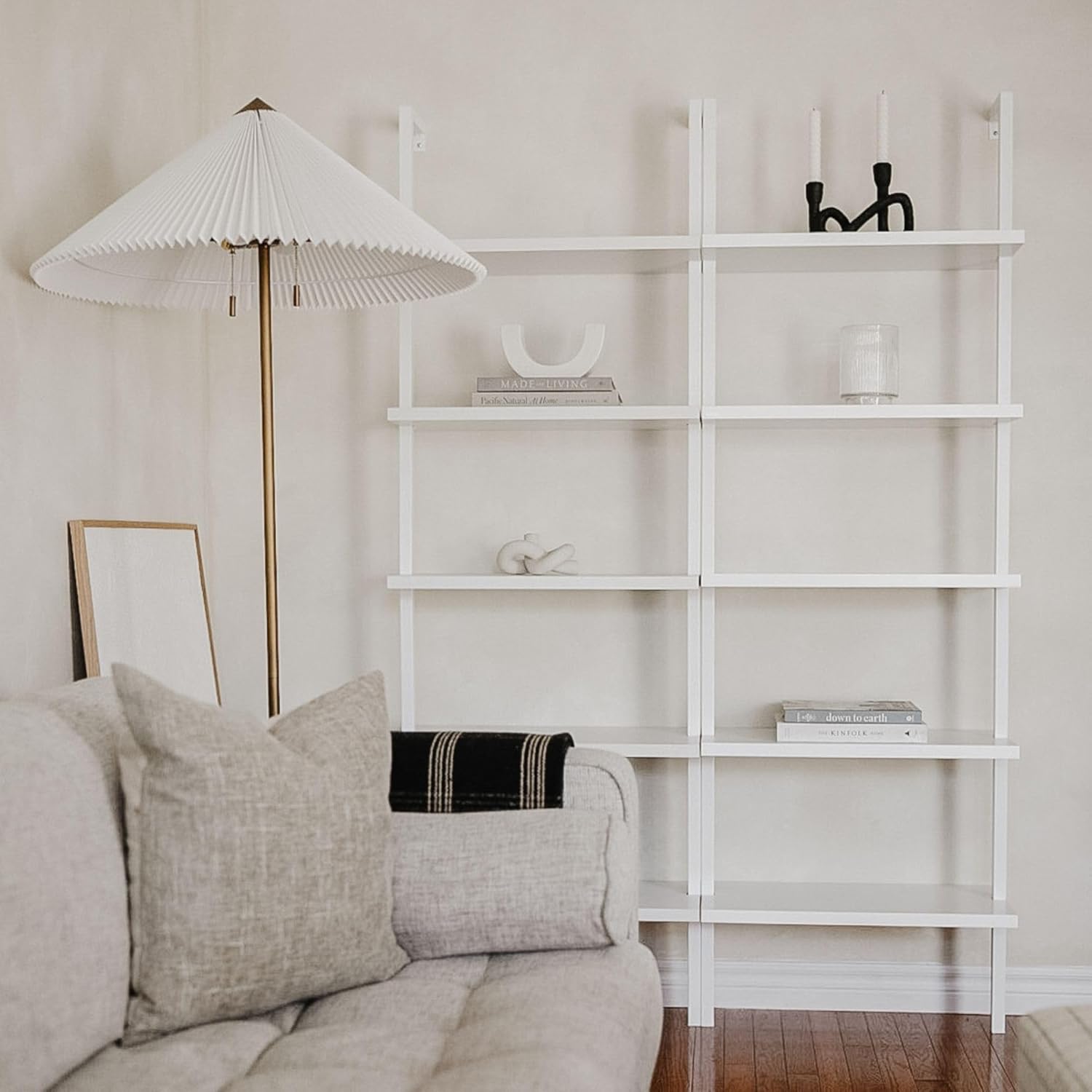 Nathan James Theo 5-Shelf Modern Bookcase, Open Wall Mount Ladder Bookshelf with Industrial Metal Frame, White, Set of 4