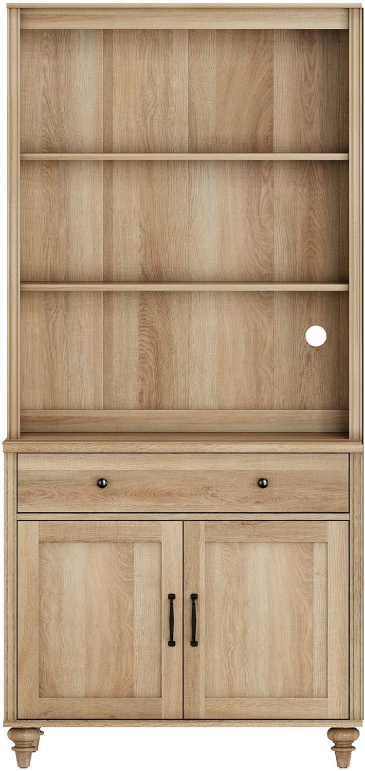 WAMPAT Bookcase with 4 Doors and 2 Drawers, 3 Tier Bookshelf, 72'' Tall Book Case Shelf with Glass Storage Cabinets, Oak, 34''