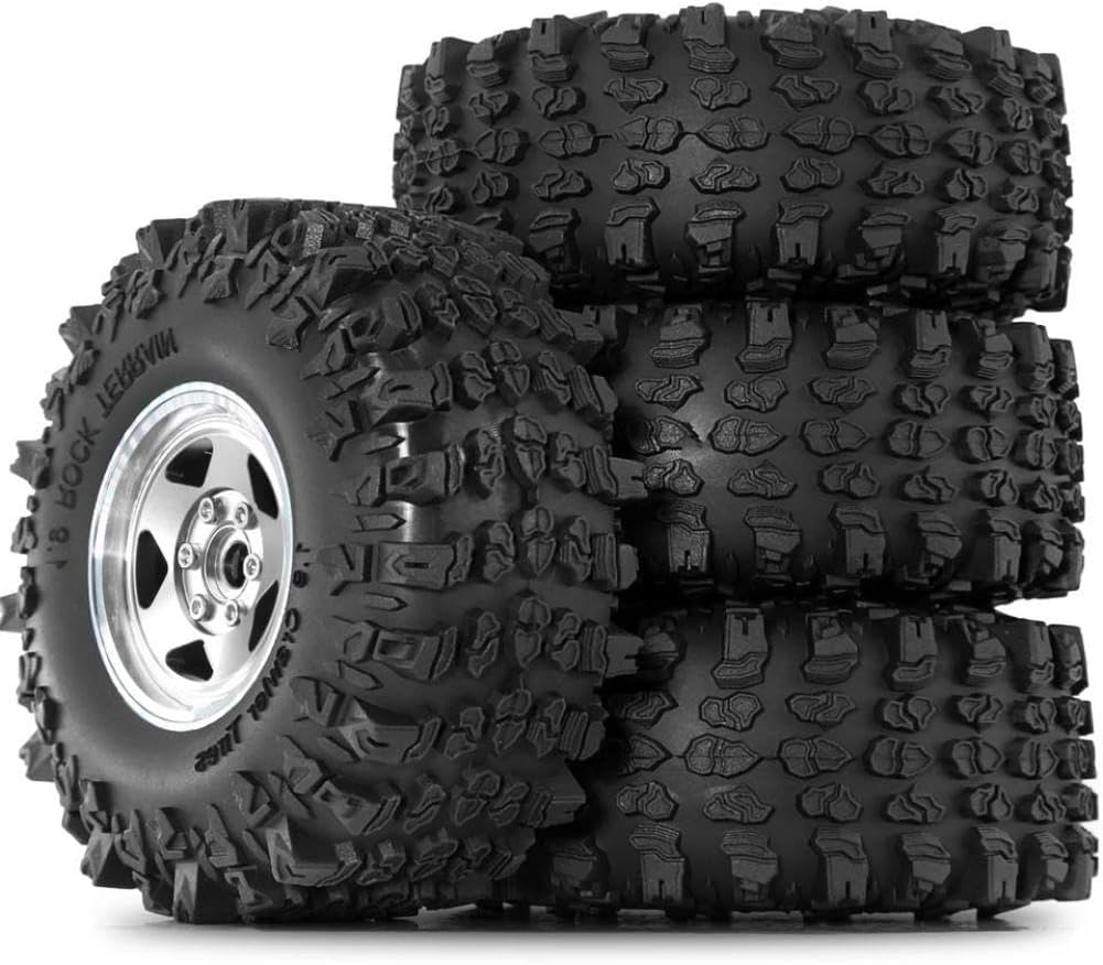 4pcs Metal 1.9 Inch Beadlock Wheel Rim Tire Set 118mm Compatible With Automotive Motorcycle Parts Wraith RR10 Trxs YK4082(Silvery)