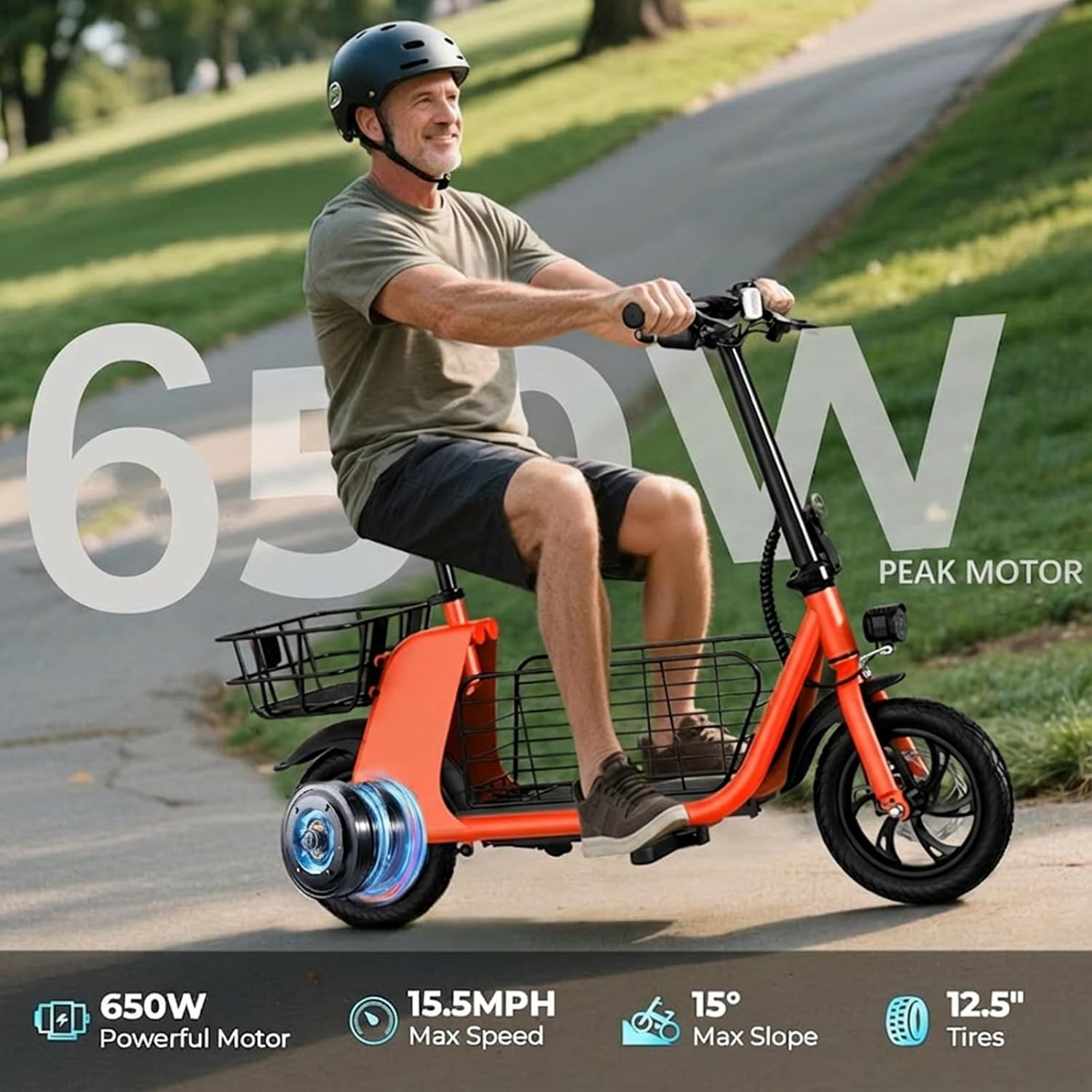 Windhorse Electric Scooter with Seat for Adults, 650W Peak Motor Up to 15.5 MPH & 20 Miles Range, Foldable Commuter E-Scooter with Dual Baskets for Pets & Cargo, 12.5