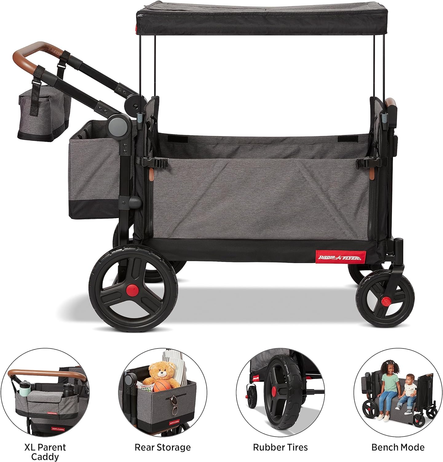 Radio Flyer Atlas Stroll ’N Wagon, Atlas Gray, for Ages 1+, 3-in-1 Push or Pull Versatility, One-Hand Fold, UV Canopy, 5-Point Harnesses, Storage Capabilities, Rubber Wheels, Stroller Wagon for Kids