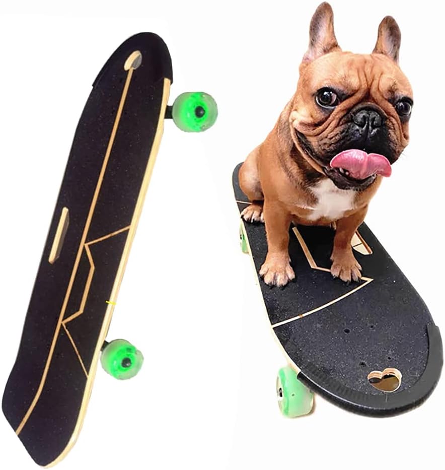 Dogs Skateboard with Surf Stand, Colorful PU Wheels, 5 Ply Bamboo Deck, ABEC-9 Bearing, U-Shaped Foot Socket, Magnetic Coil Flash Wheel, for English-French Bulldog (62X21cm)