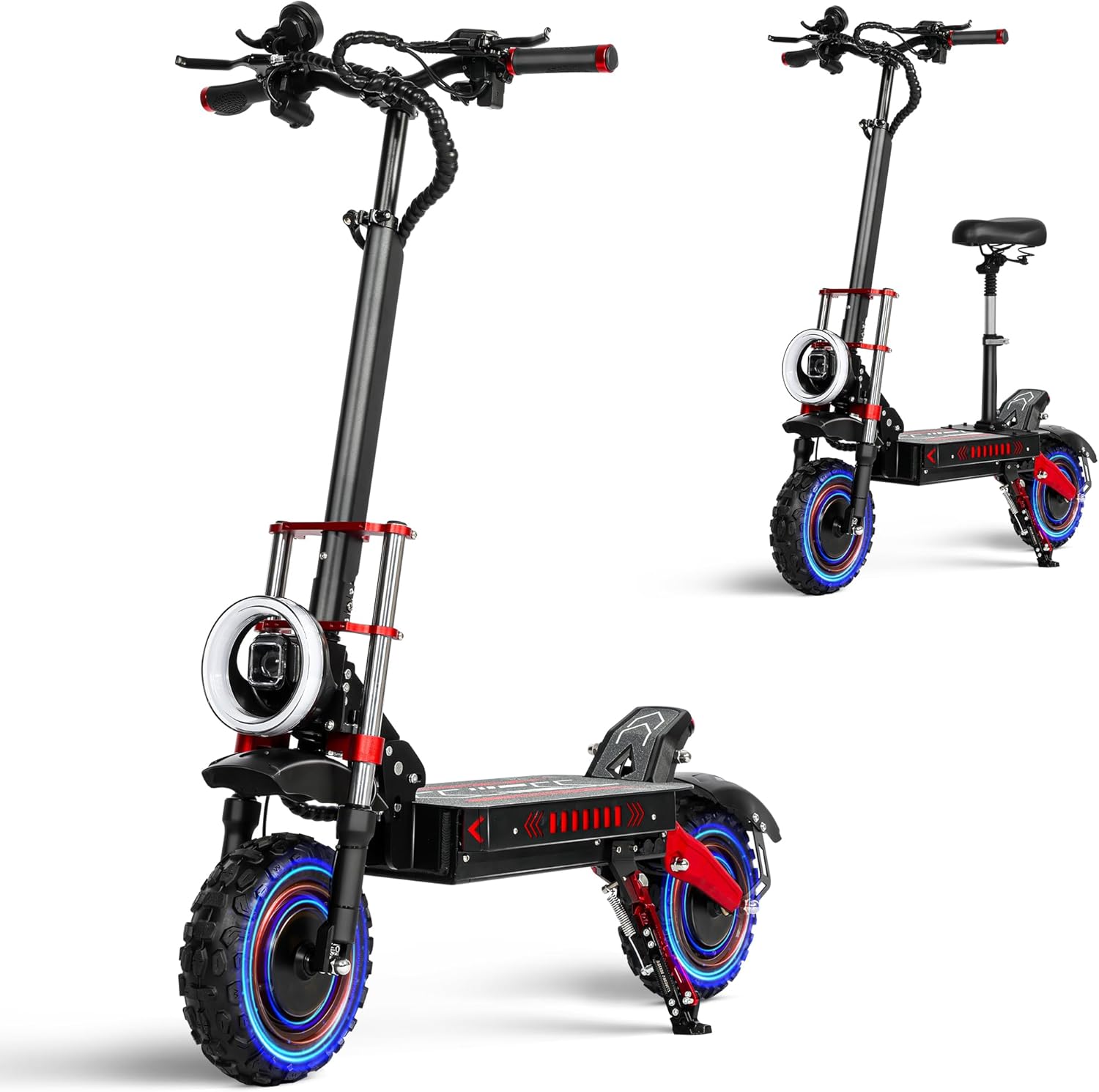Adult Fast Dual Drive Electric Scooter, Dual Motors 5600 Watts 50 MPH, All Terrain 11'' Off-Road Tires w/Hydraulic Brakes Folding, Dual Suspension Seat Electric Scooter for Commuting and Adventure