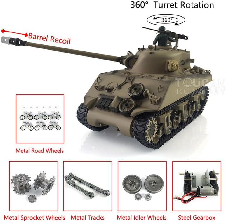TOUCAN RC HOBBY Pro.Edition RTR Henglong 1/16 TK7.0 M4A3 Sherman RC Tank 3898 Barrel Recoil 360° Metal BB Airsoft Smoke Effect IR Battle with Sticter for Ages 14+