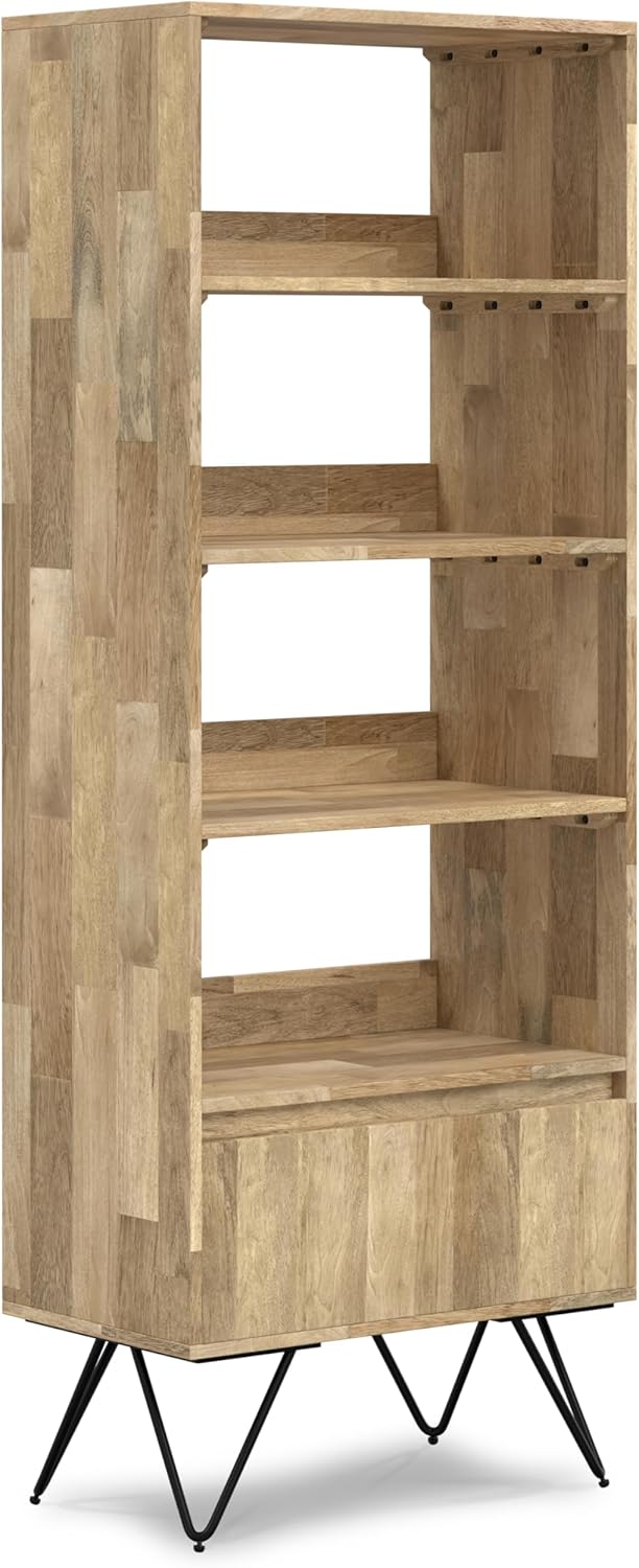 SIMPLIHOME Hunter Bookcase - 64 inch Tall Solid Mango Wood and Metal Tall Bookshelf in Natural, Modern Industrial Storage for Living Room, Study Room or Office with Open Shelves and Sturdy Metal Frame