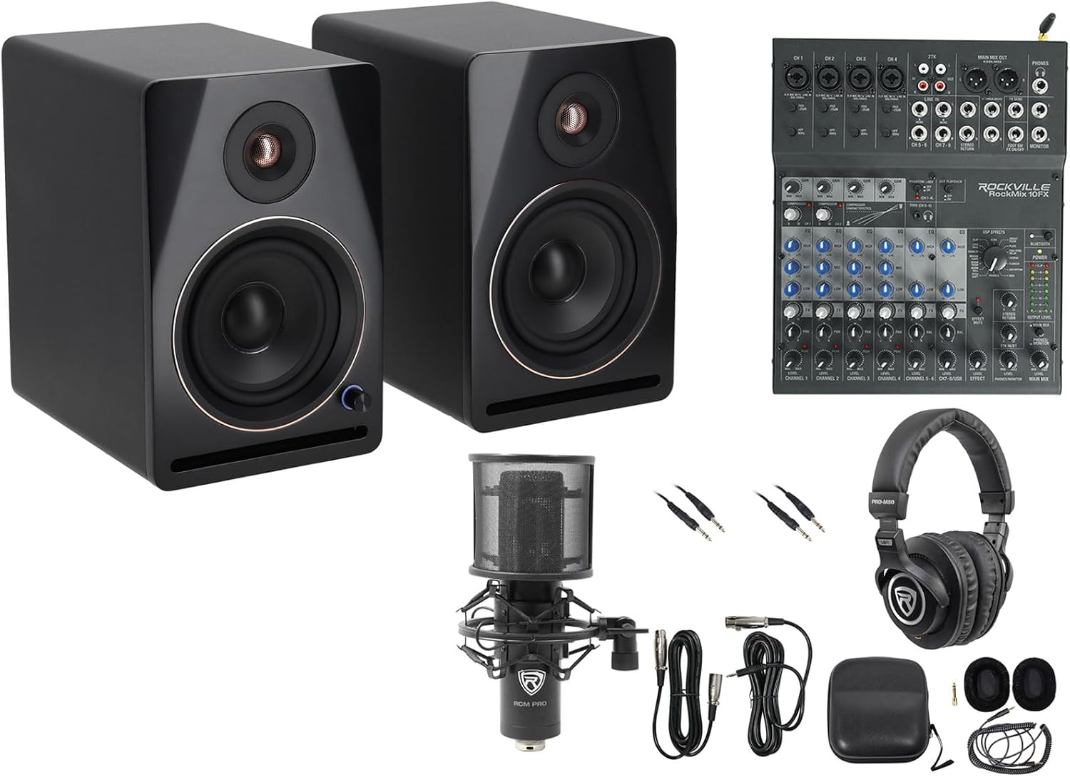 Rockville APM5B V2 Bundle: 5.25 in Powered Studio Monitor Speakers, ROCKMIX 10FX 10-Ch USB Mixer, RCM PRO Condenser Mic, PRO-M50 Headphones, (2) 10 ft TRS Cables, 6-Items