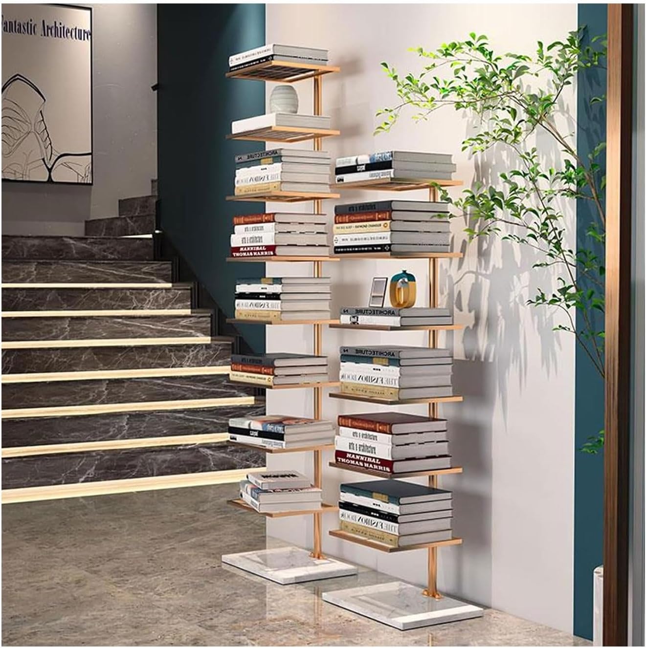 Modern Vertical Bookshelf Tower, Free Standing Bookcase Open Shelves, Multi-Layer Storage Tall Narrow Invisible Bookshelf for Small Spaces, Floor Wall Bookcase for Living Room, Bedroom, Office(Metalli