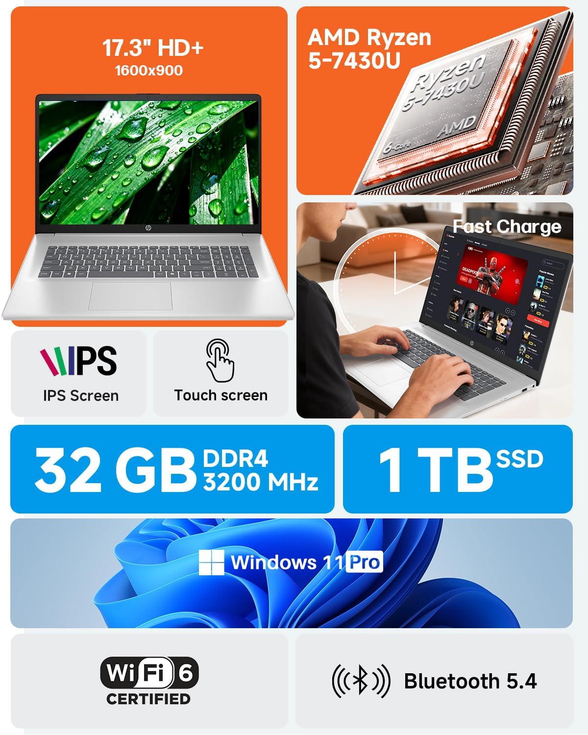 HP 17 Inch Touchscreen Laptop for Business, AMD Ryzen 5 7430U, 17.3