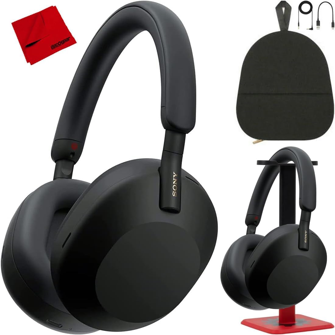 Sony WH1000XM5/B Wireless Noise Canceling Headphones (Black) Bundle with Deco Gear Pro Audio Headphone Stand + Microfiber Cleaning Cloth