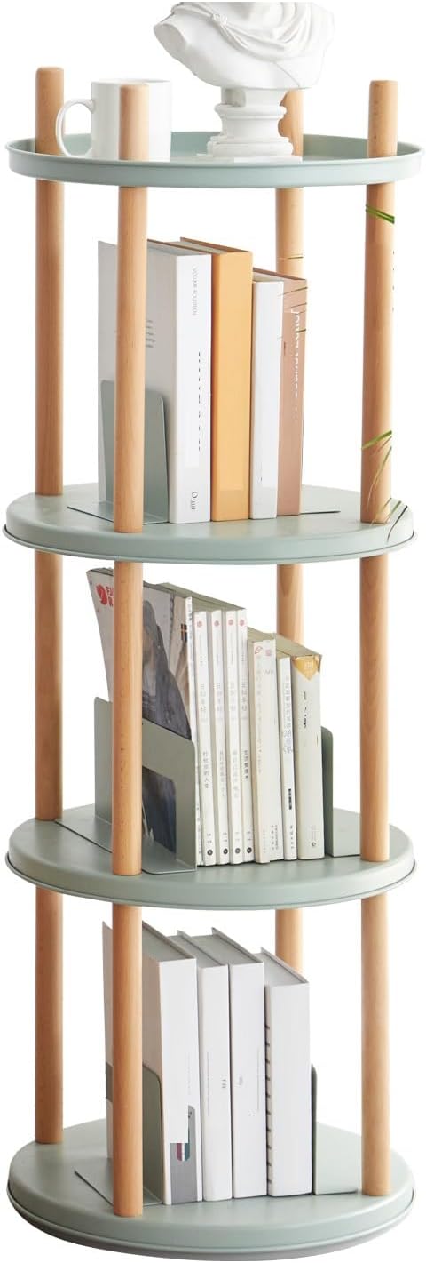 Rotating Bookshelf Tower, Spinning Bookcase with Large Capacity, 4 Tier Corner Bookshelves and Bookcases, Multifunctional Storage Rack for Living Room, Bedroom, Study, Kitchen,Blue-SolidWood-Prima