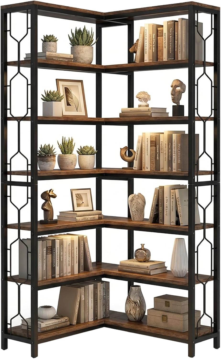Arvolia 7 Tier Corner Bookshelf, 78.7 Inch Tall L Shaped Freestanding Corner Bookcase with Open Shelves, Industrial Wood and Metal Corner Shelf for Living Room, Home Office