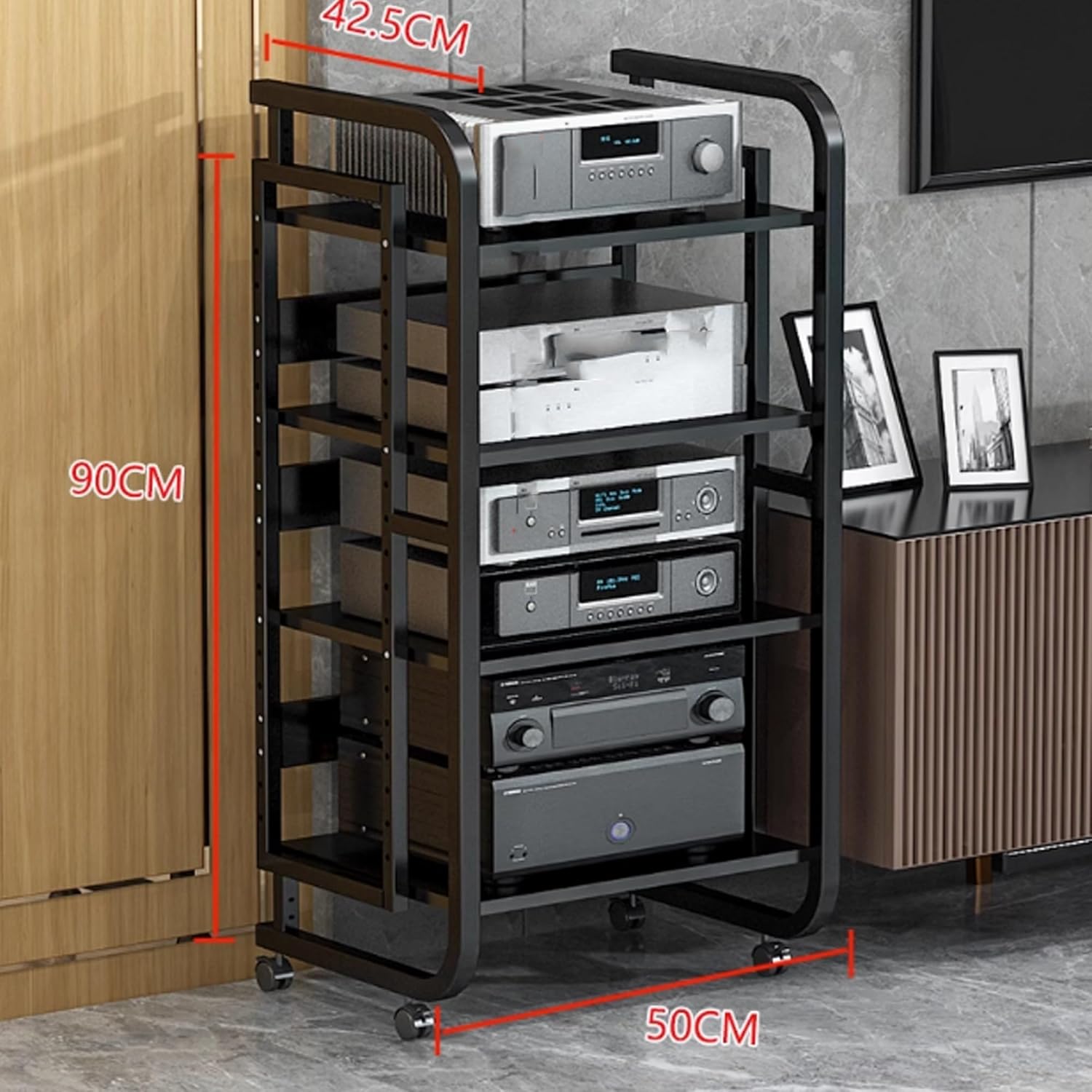 AV Media Stand Audio Cabinet Audio-Video Shelving Stereo Rack Open Storage Audio Rack Cabinet with Wheel Audio Tower Media Console for Recording Room