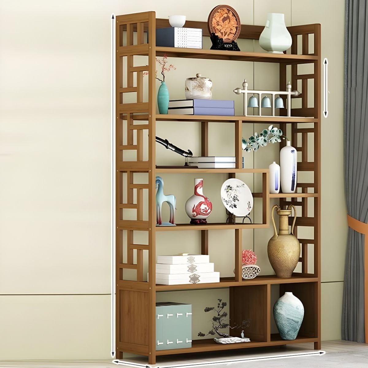 KWOKING Bamboo Floor Shelf Bookcase Open Book Shelf Study Room New Chinese Style Wine Display Cabinet Antique Decoration Cabinet Tea Set Rack Bookshelf Drawer Not Included 39.4