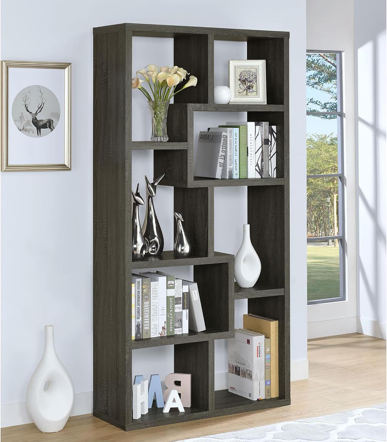 Benicabaly Elegant Grey 8-Shelf Bookcase for Home Organization and Stylish Display, Modern Design Living Room or Office