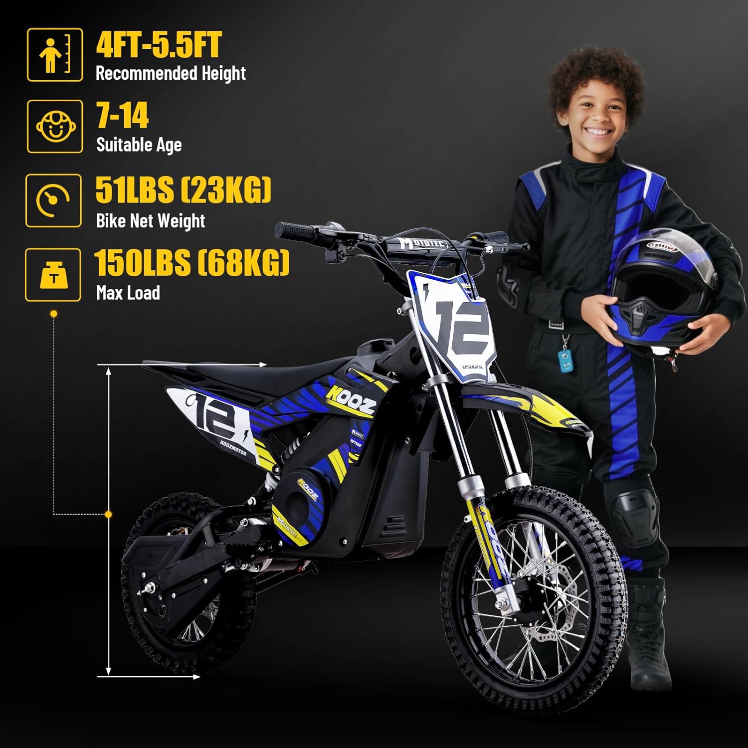 KOOZ HP112E 36V 1000W Electric Dirt Bike for Kids, 3 Speed Modes Teen Electric Motorcycle Up to 18 MPH & 15 Miles Long-Range, Dual Suspension & Disc Brake, 16