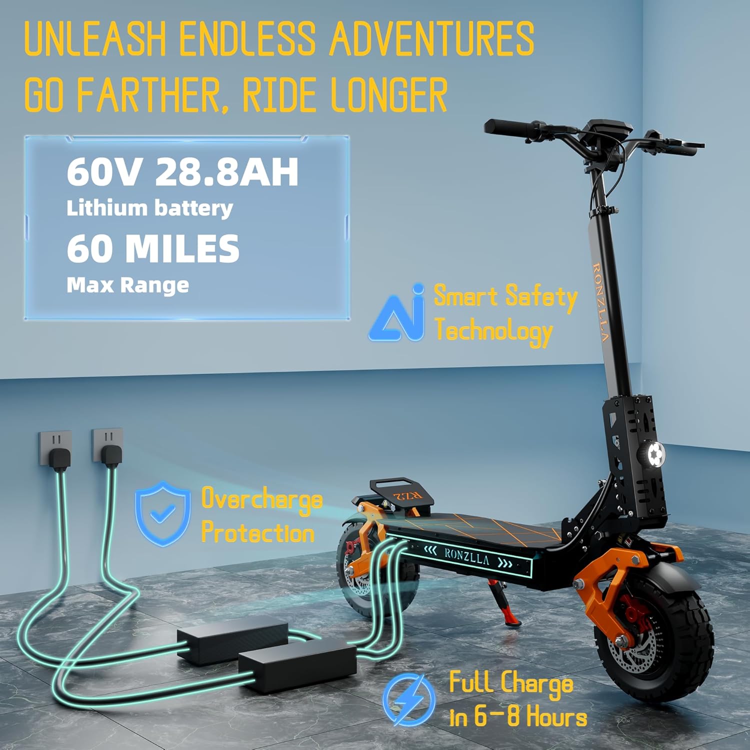 Fast Electric Scooter RZ2, 50 MPH High Speed Off Road E Scooter with 5600w Dual Motor 60 Mile Long Range & Seat for Adults
