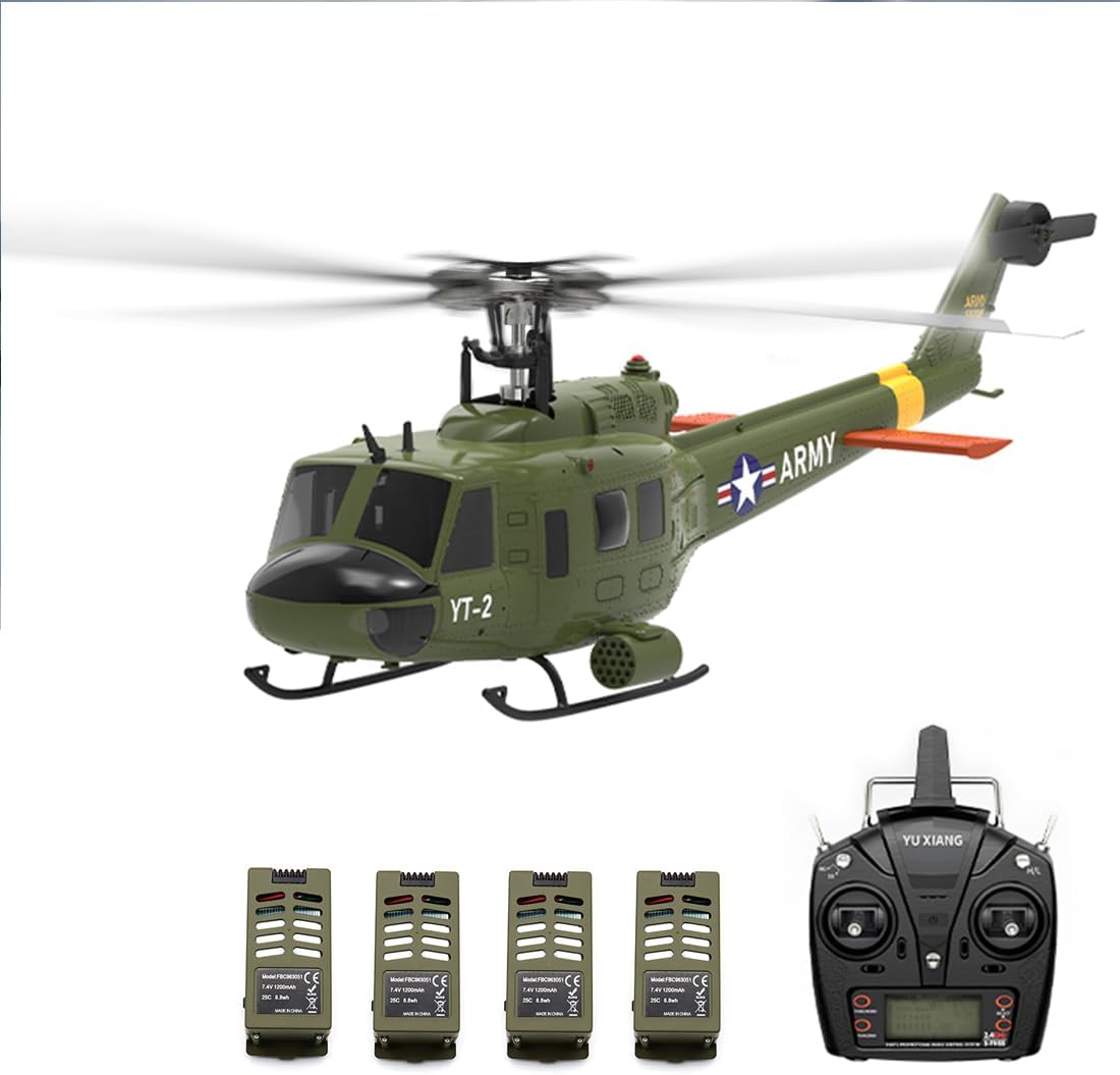 F07-V UH-1 Huey Brushless Military RC Helicopter, 1:34 Scale 2.4G 6CH Single Rotor RC Helicopter with 3D/6G Modes, High-Performance Stunt Drone for Advanced Pilots