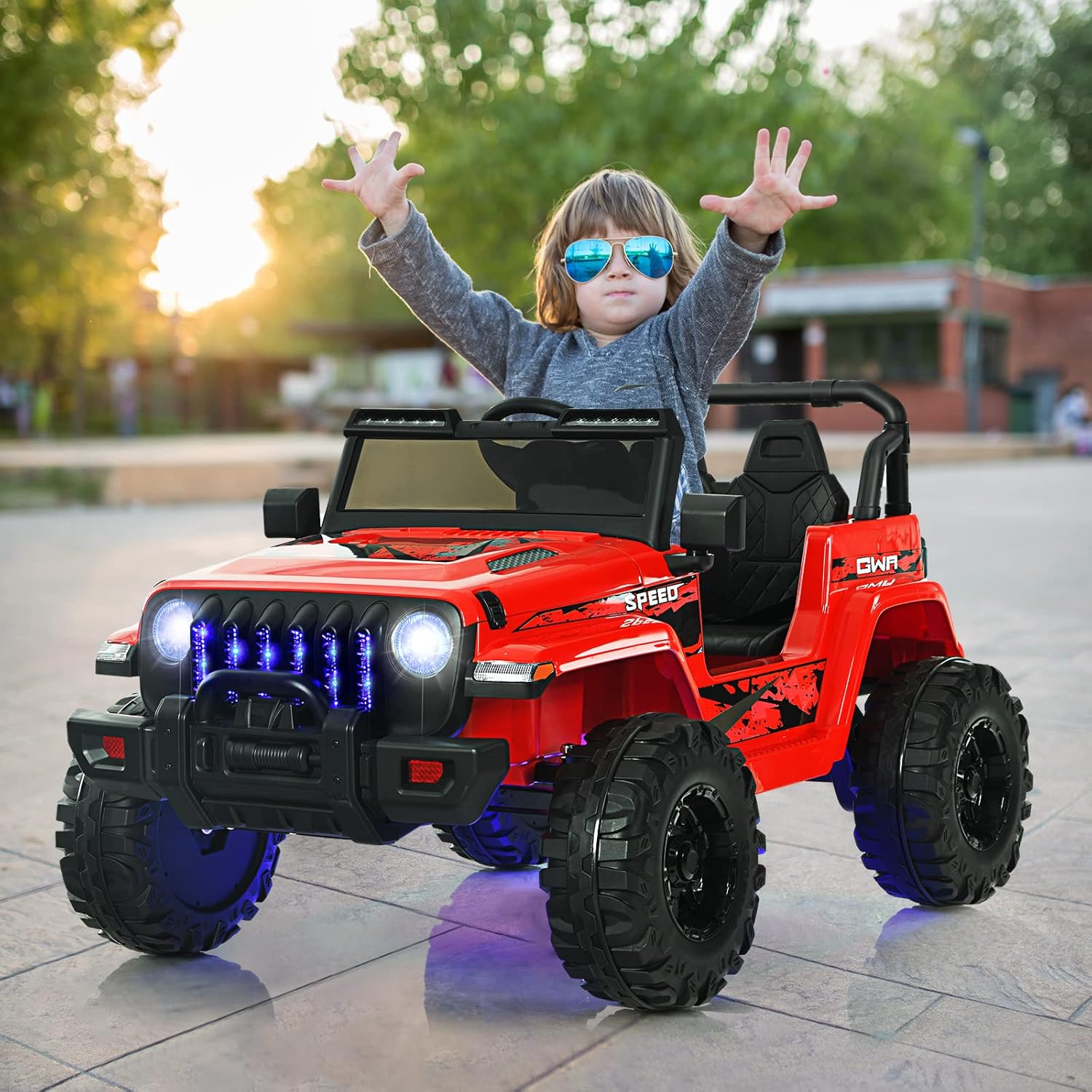 OLAKIDS Kids Ride on Truck, 12V Electric Vehicle with Remote Control, Battery Powered Toddler Car with Music, Horn, 3 Speeds, LED Lights, Bluetooth, USB, Radio (Red)