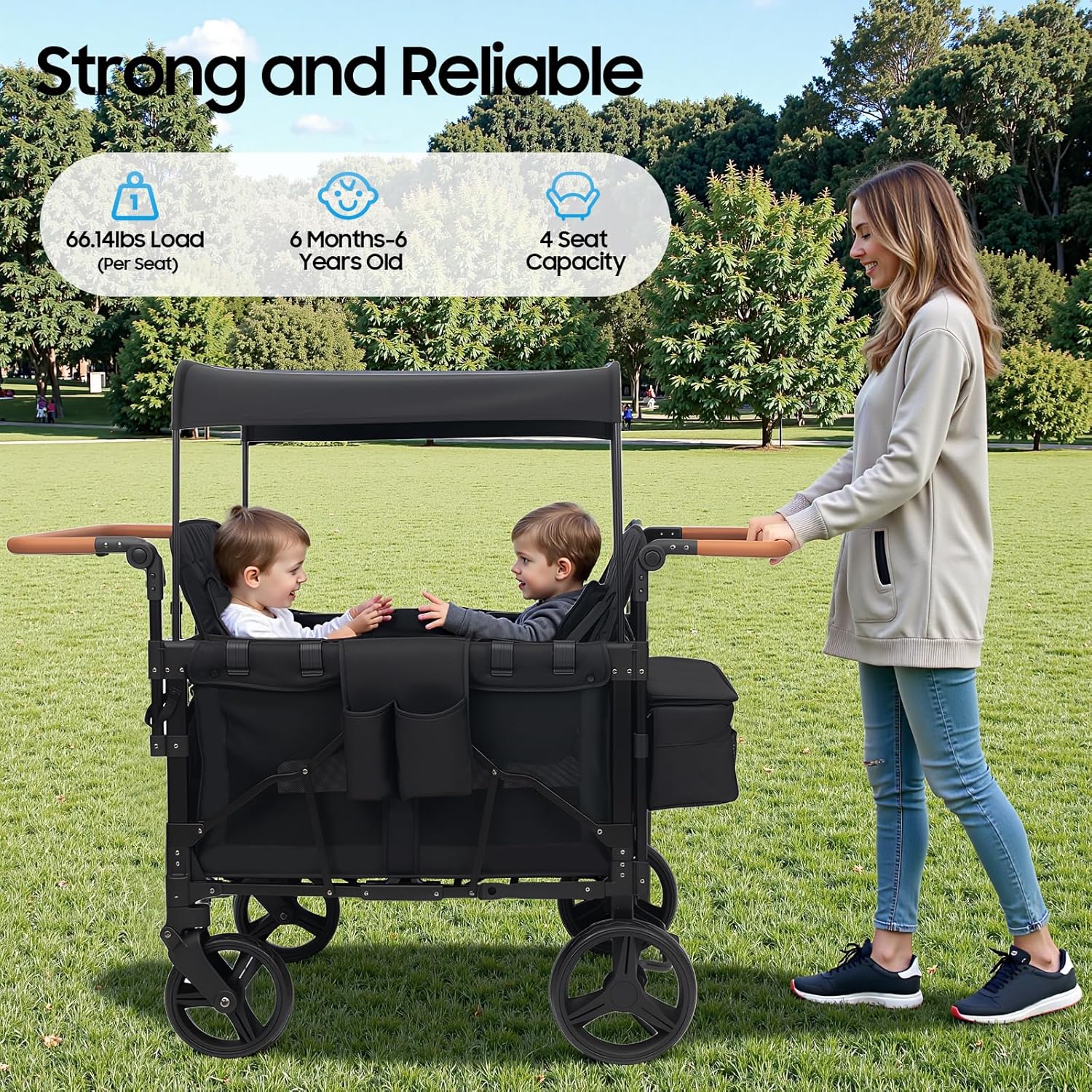 4-Seat Stroller Wagon, Kids Stroller Wagon with Canopy & Mesh Sides – 66.14lbs/Seat Load, Adjustable Handle, Foldable for 6Months-6Years, Ideal for Families, Park/Zoo Outings