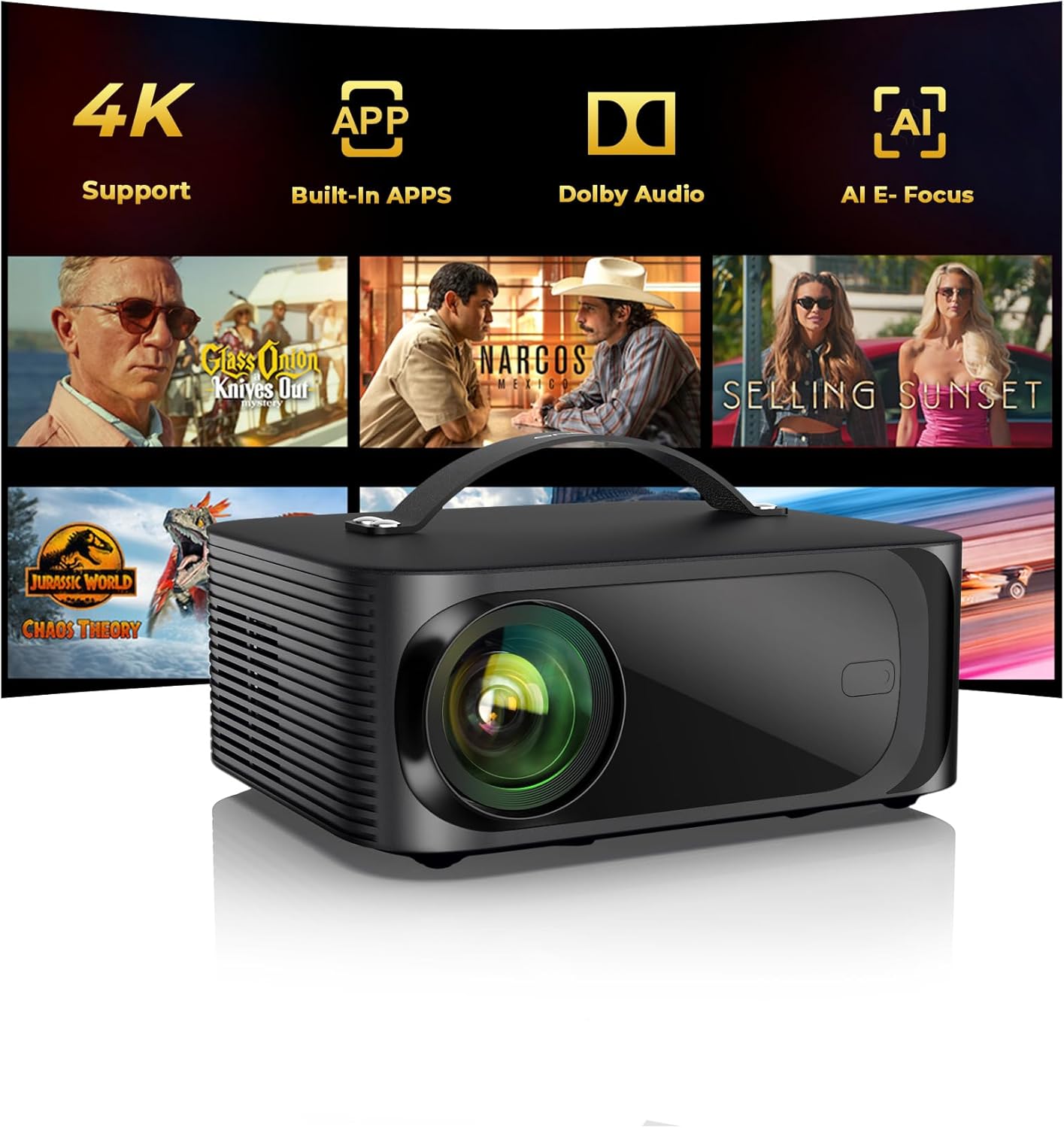 Projector-4K with WiFi and Bluetooth:[2000 ANSI/AI Auto Focus/Built-in APPs]Outdoor-Projector Smart TV OS 2.0 & DoIby