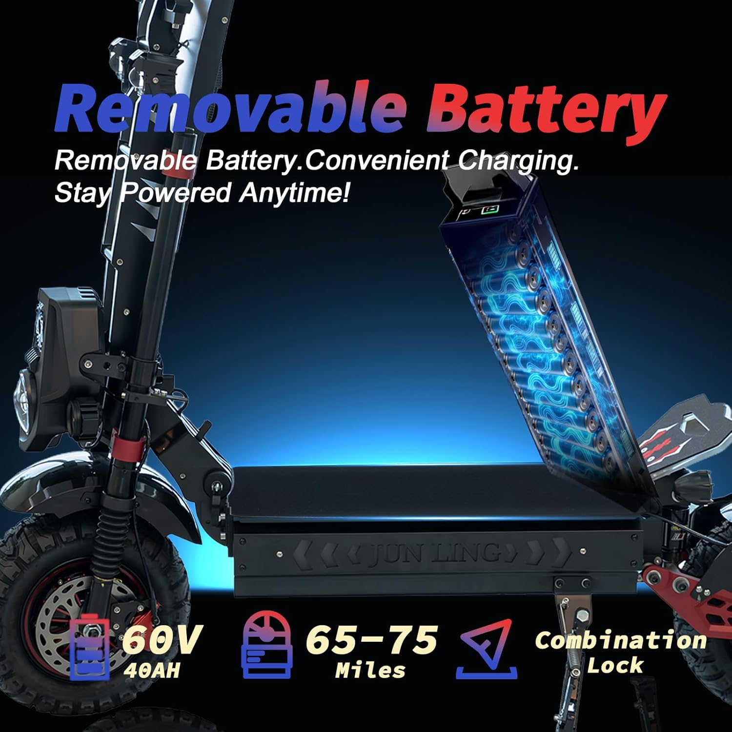 YING LU JL86 PRO 10000W All-Terrain Electric Scooter for Adults with 60V 40Ah Battery for 55MPH & 75+Miles Range. E Scooter with Detachable Motor and 13