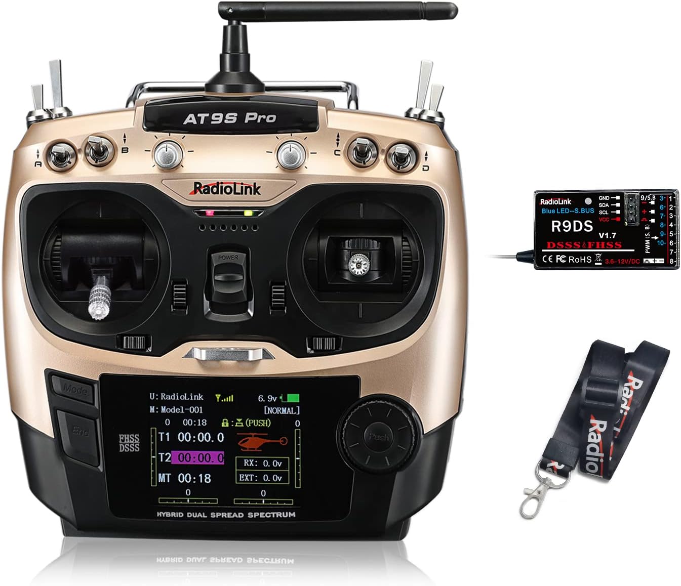 Radiolink AT9S Pro Gold, 10/12 Channels Radio Transmitter&Receiver R9DS, Crossflight flight controller&TS100M8N GPS&PRM-03Telemetry, Long Range for Airplane/Jet/FPV Racing Drone/Quad/RC Truck Car/Boat