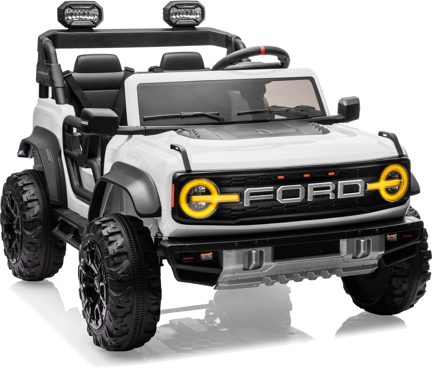 First Ride On Licensed Ford Bronco Raptor 24V 2 Seater Kids Ride on Toys, Battery Powered Electric Ride on Car, Remote Control Electric Car w/Led Lights, Music, High Low Speed (24V, White)
