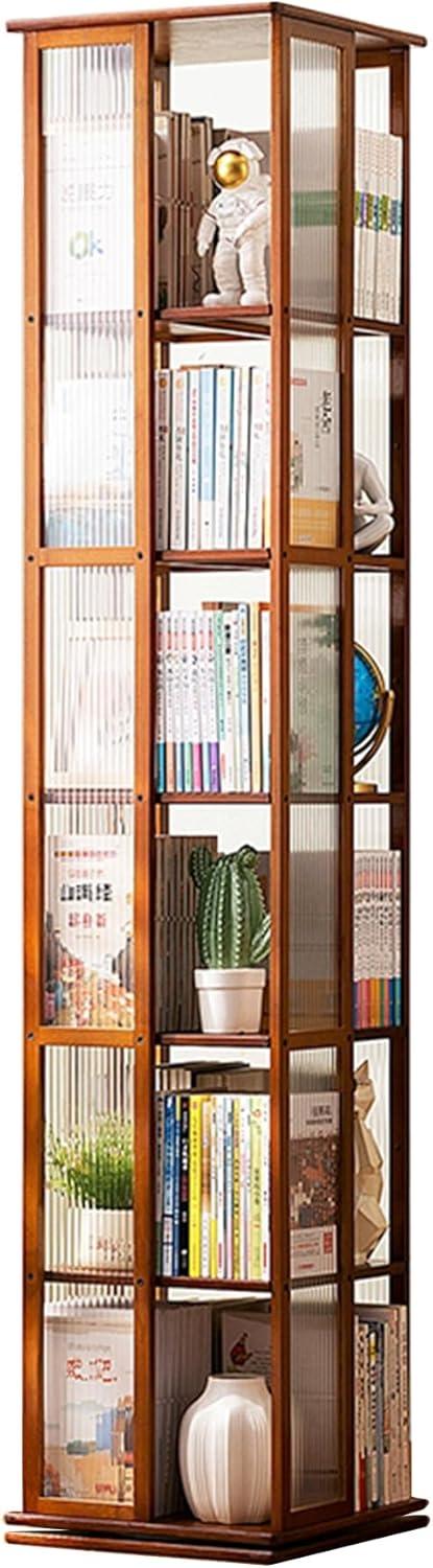 360 ° Rotating Bookshelf, Arcylic Revolving Bookcase, 6-Tier Spinning Bookshelf Tower, Small Corner Rotating Bookcase for Living Room, Study Room, Square (Tawny)