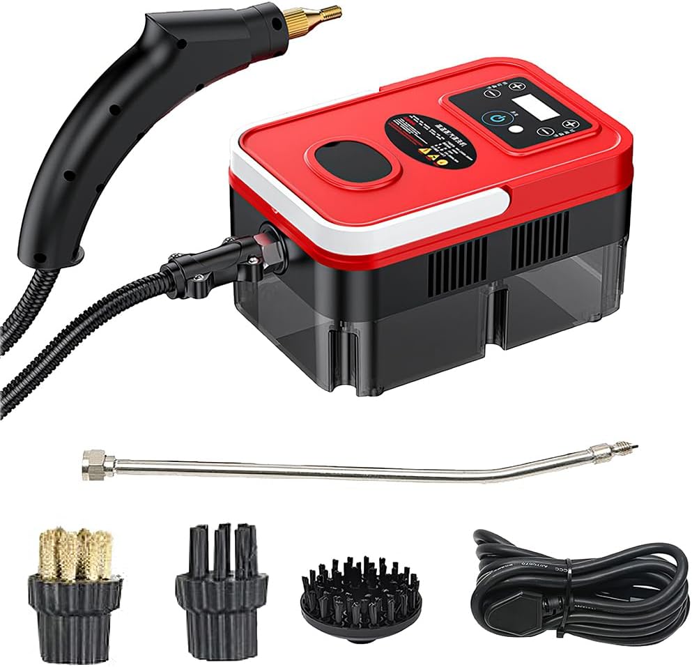FlexiSpaceUS High Pressure Handheld Steam Cleaner, 1600W Handheld High Temperature Touch Screen Cleaner with 6 Brush Heads, 1200ml Tank, 3.0 Bar (Red)