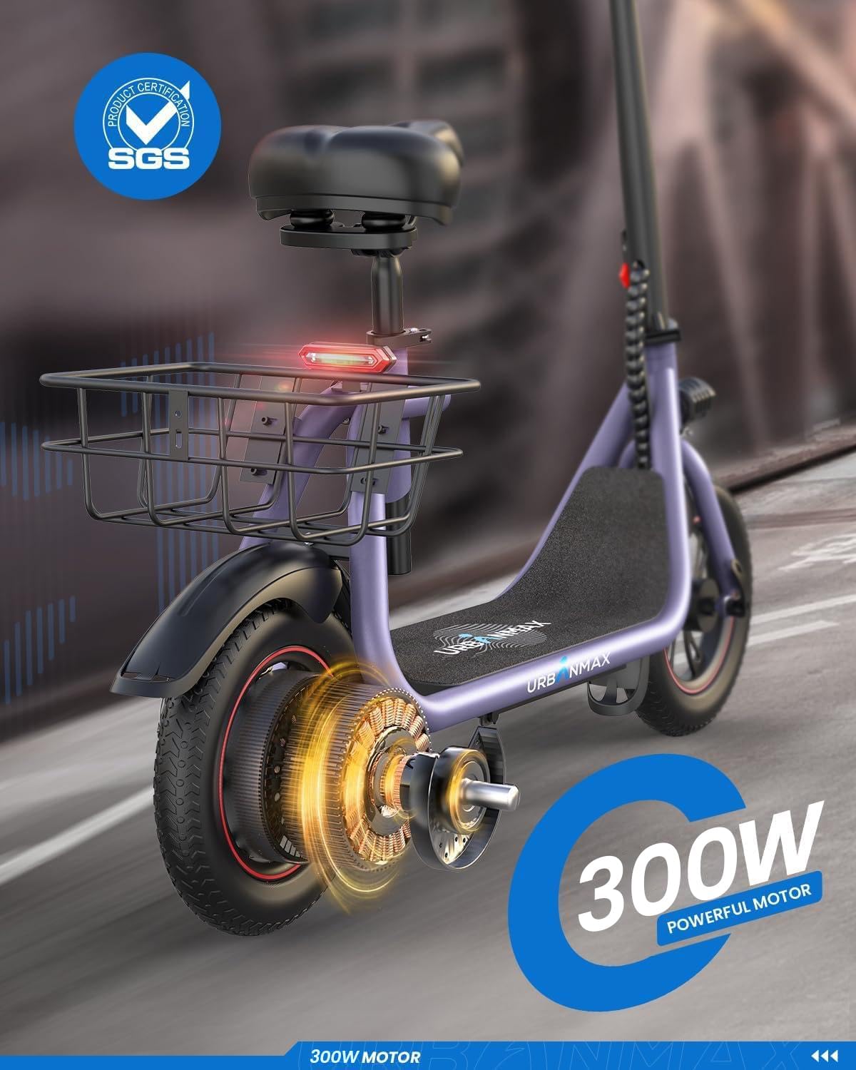 Urbanmax C1 Electric Scooter for Adults & Teens,20 Miles Range, 265 Lbs,Top Speed 16MPH, Wide Anti-Slip Deck for Commute, Groceries, Pets, Foldable Commuter Escooter with Seat and Basket