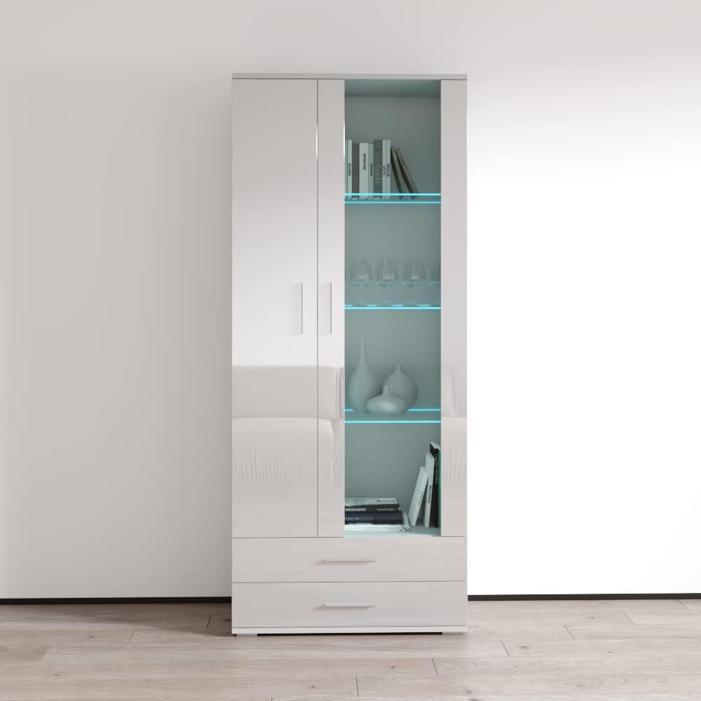 Meble Furniture Soho S6 2D2S Freestanding Bookcase - Modern Rectangular Storage Bookcase with Customizable LED Lights - Durable Wooden Bookshelf with Mirror Cabinet - White