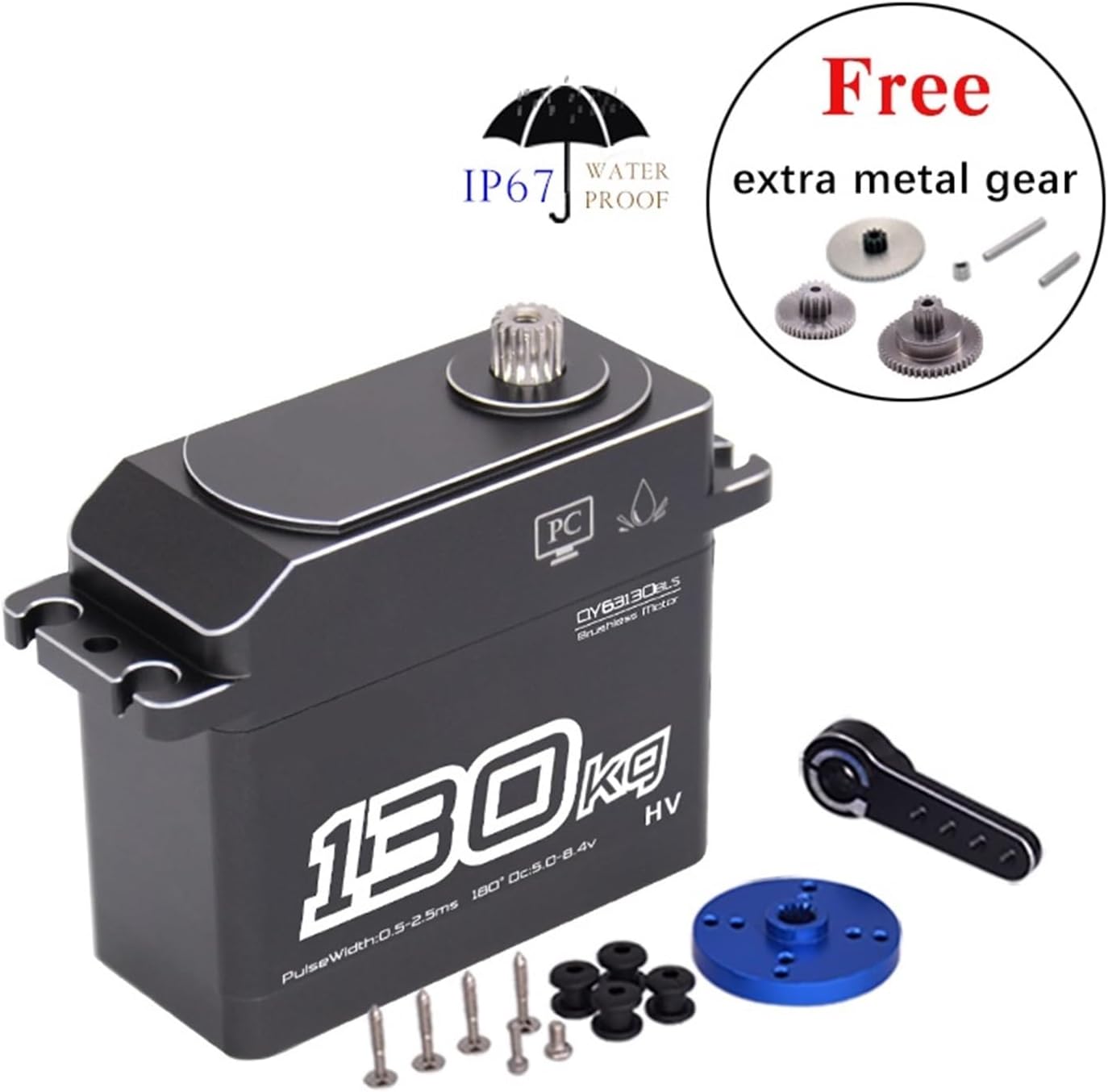 Full Metal housing 100KG 130KG Digital Steering servo IP67 Waterproof for 1/5 with 15T arm(130kg brushless)